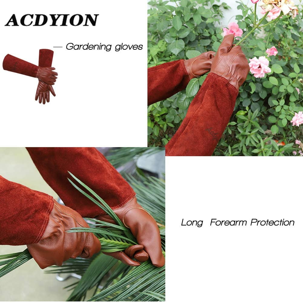 SUCCLACE Long-Gardening-Gloves for Women/Men - Thorn Proof Cowhide Leather Rose/Blackberry Pruning Heavy Duty Gloves Thick Palm Gauntlet Garden Work Gloves with Forearm Protection (Brown-Small) S Brown - Image 4