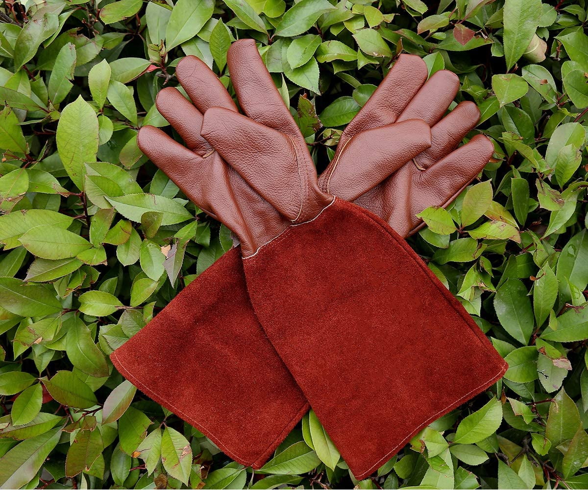 SUCCLACE Long-Gardening-Gloves for Women/Men - Thorn Proof Cowhide Leather Rose/Blackberry Pruning Heavy Duty Gloves Thick Palm Gauntlet Garden Work Gloves with Forearm Protection (Brown-Small) S Brown - Image 6