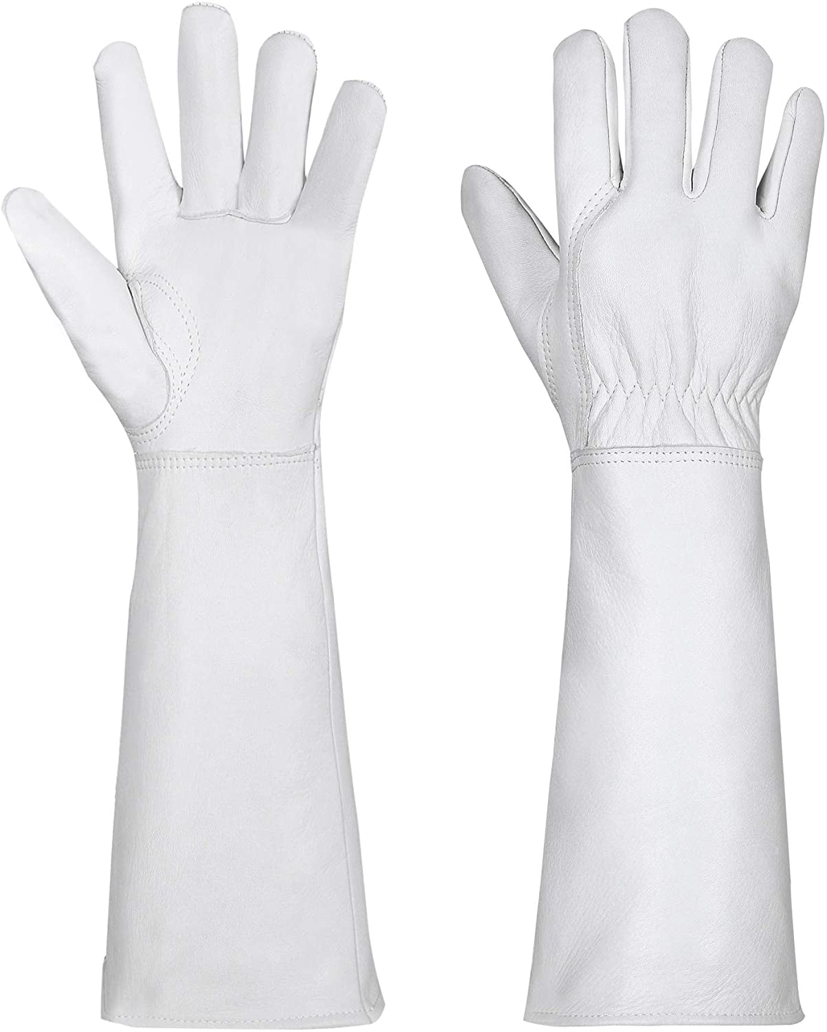 SUCCLACE Long-Gardening-Gloves for Women/Men - Thorn Proof Cowhide Leather Rose/Blackberry Pruning Heavy Duty Gloves Thick Palm Gauntlet Garden Work Gloves with Forearm Protection (Brown-Small) M White - Image 1