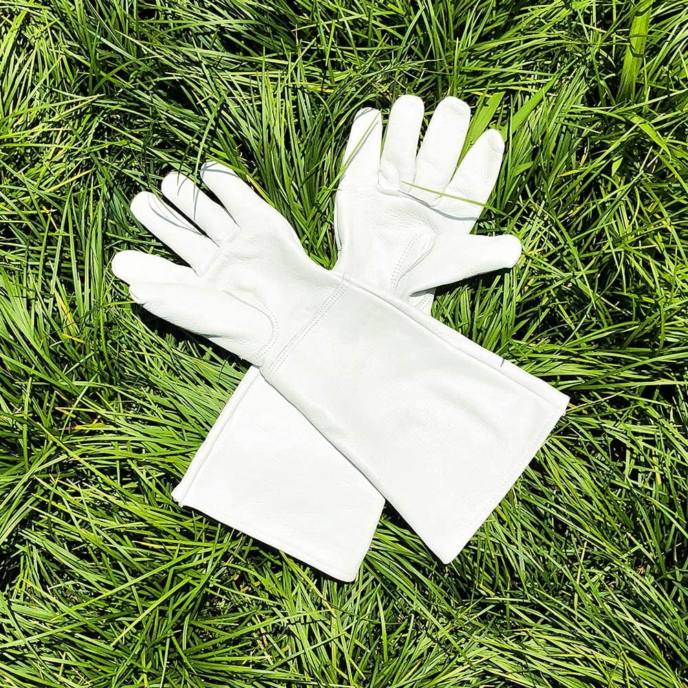 SUCCLACE Long-Gardening-Gloves for Women/Men - Thorn Proof Cowhide Leather Rose/Blackberry Pruning Heavy Duty Gloves Thick Palm Gauntlet Garden Work Gloves with Forearm Protection (Brown-Small) M White - Image 8