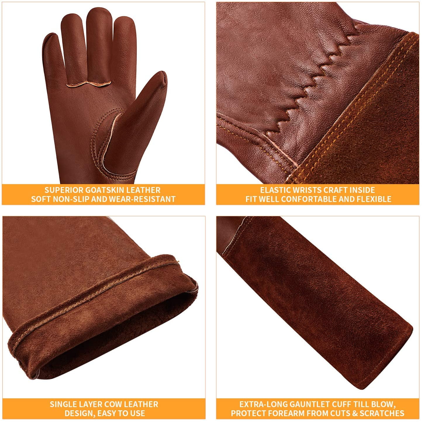 SUCCLACE Long-Gardening-Gloves for Women/Men - Thorn Proof Cowhide Leather Rose/Blackberry Pruning Heavy Duty Gloves Thick Palm Gauntlet Garden Work Gloves with Forearm Protection (Brown-Small) S Yellow - Image 7