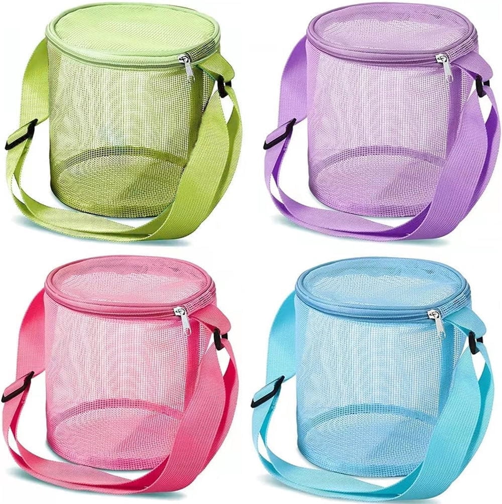 Tutuviw 4Pcs Large Capacity Collecting Bag Cylindrical Mesh Beach Bag Beach Mesh Bag Toys Seashell Backpack with Adjustable Carrying Straps And Zipper for Toys Storage, Random Color - Image 1