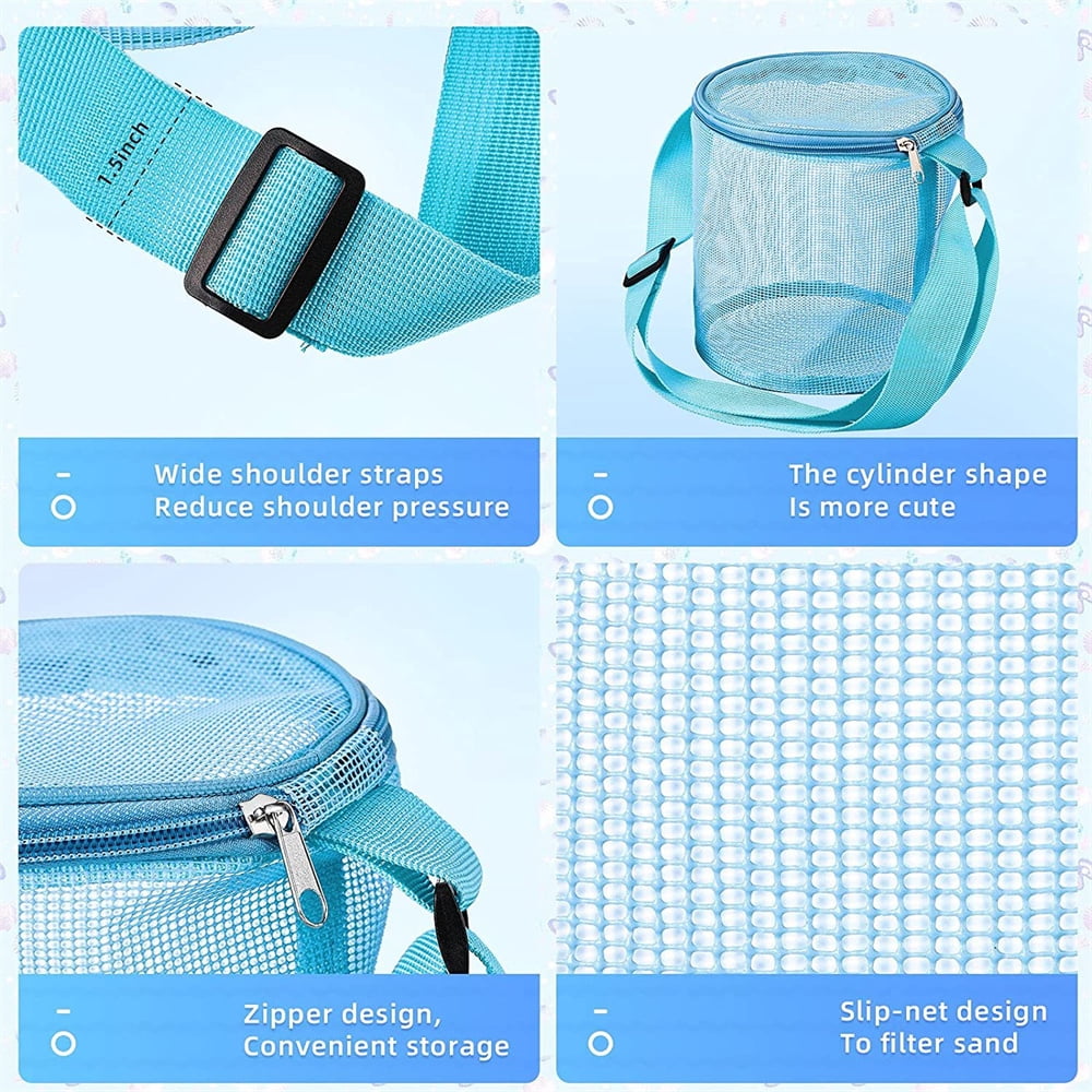 Tutuviw 4Pcs Large Capacity Collecting Bag Cylindrical Mesh Beach Bag Beach Mesh Bag Toys Seashell Backpack with Adjustable Carrying Straps And Zipper for Toys Storage, Random Color - Image 3
