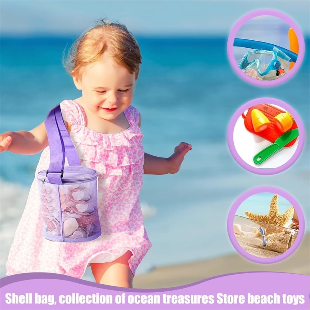 Tutuviw 4Pcs Large Capacity Collecting Bag Cylindrical Mesh Beach Bag Beach Mesh Bag Toys Seashell Backpack with Adjustable Carrying Straps And Zipper for Toys Storage, Random Color - Image 5