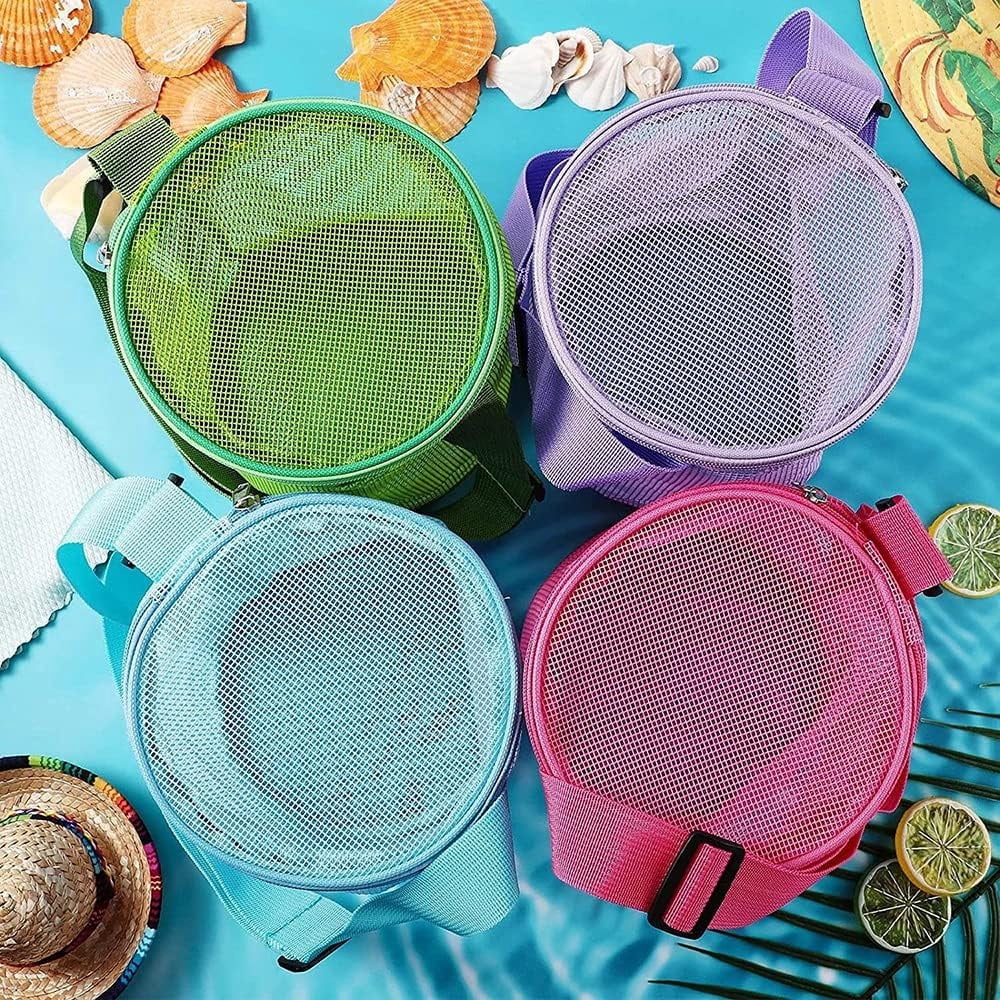 Tutuviw 4Pcs Large Capacity Collecting Bag Cylindrical Mesh Beach Bag Beach Mesh Bag Toys Seashell Backpack with Adjustable Carrying Straps And Zipper for Toys Storage, Random Color - Image 7