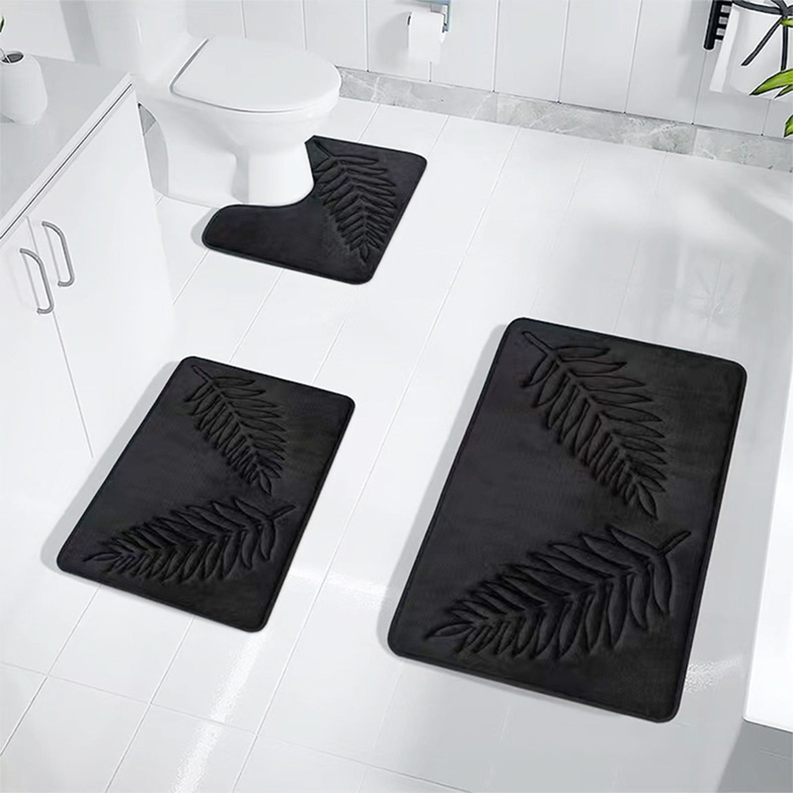 Summercome 3 Pcs Bathroom Rugs, Leaves Bath Mat Toilet Mats, Soft Comfortable Non-Slip Bathroom Rug Set, Bath Mats for Bathroom, Machine Washable Bath Mat Bathroom Rug Sets, 20x31.5in 3pc Black - Image 1