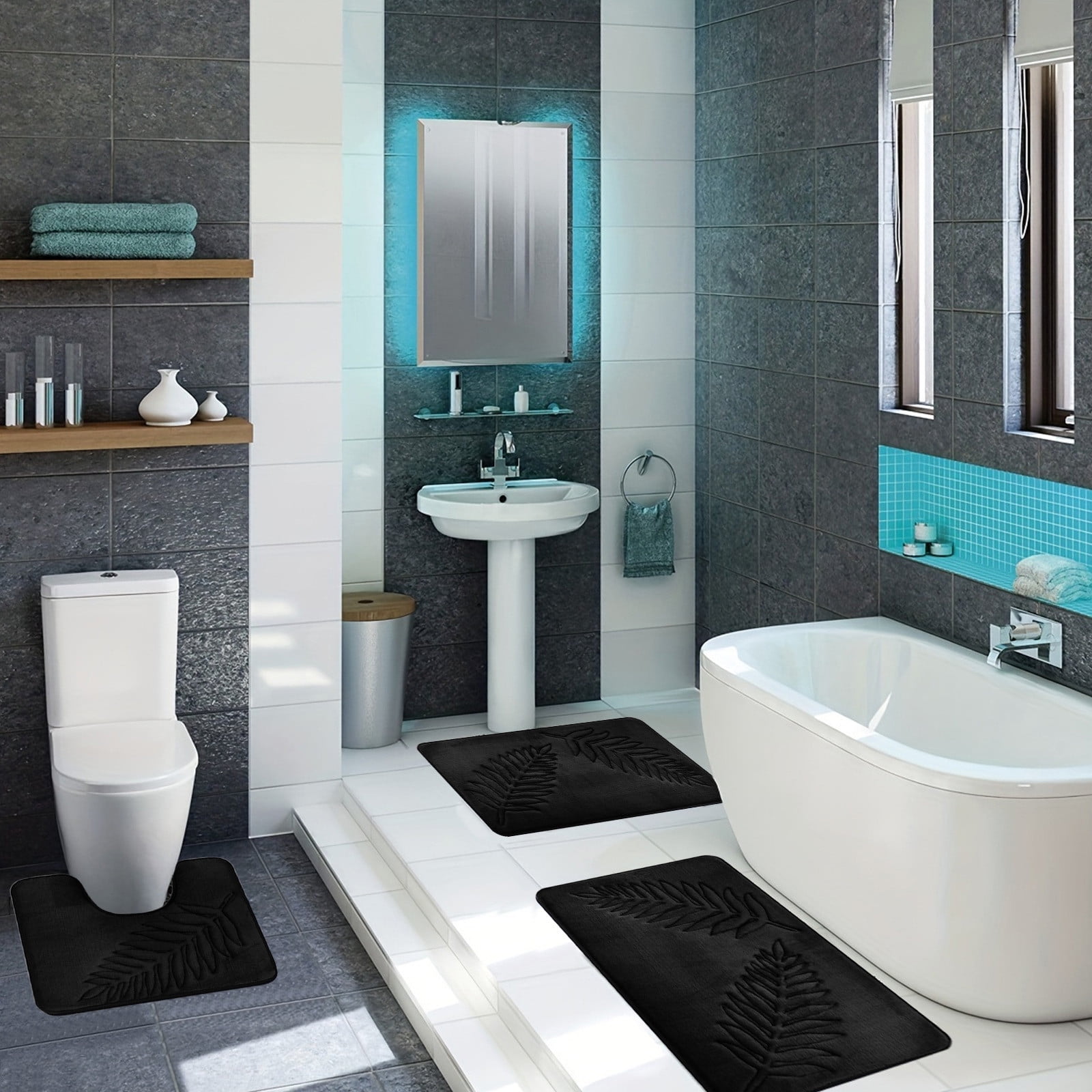 Summercome 3 Pcs Bathroom Rugs, Leaves Bath Mat Toilet Mats, Soft Comfortable Non-Slip Bathroom Rug Set, Bath Mats for Bathroom, Machine Washable Bath Mat Bathroom Rug Sets, 20x31.5in 3pc Black - Image 8