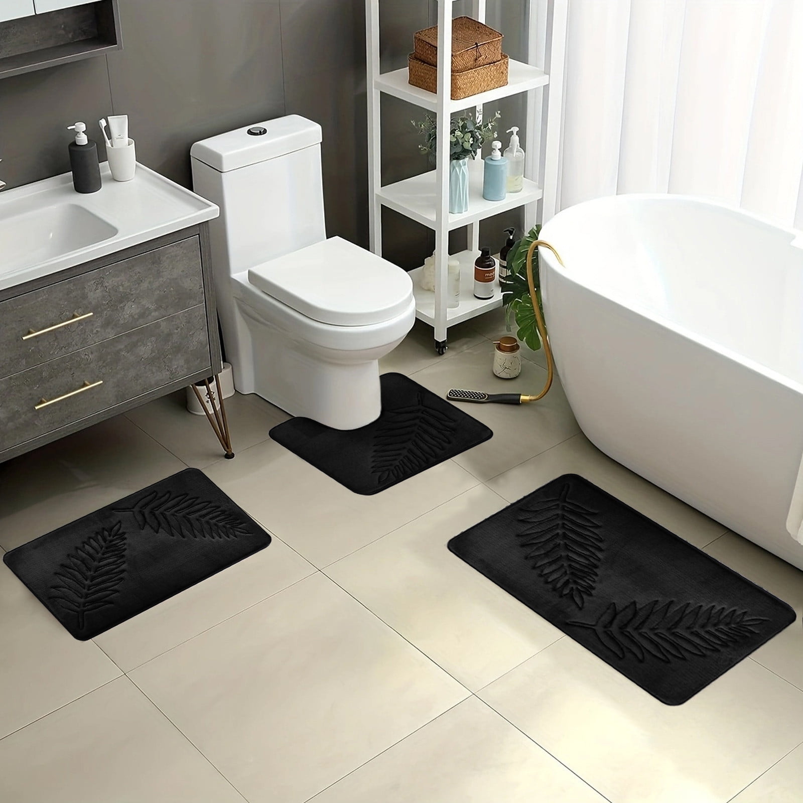 Summercome 3 Pcs Bathroom Rugs, Leaves Bath Mat Toilet Mats, Soft Comfortable Non-Slip Bathroom Rug Set, Bath Mats for Bathroom, Machine Washable Bath Mat Bathroom Rug Sets, 20x31.5in, Black 3pc Dark Gray - Image 4