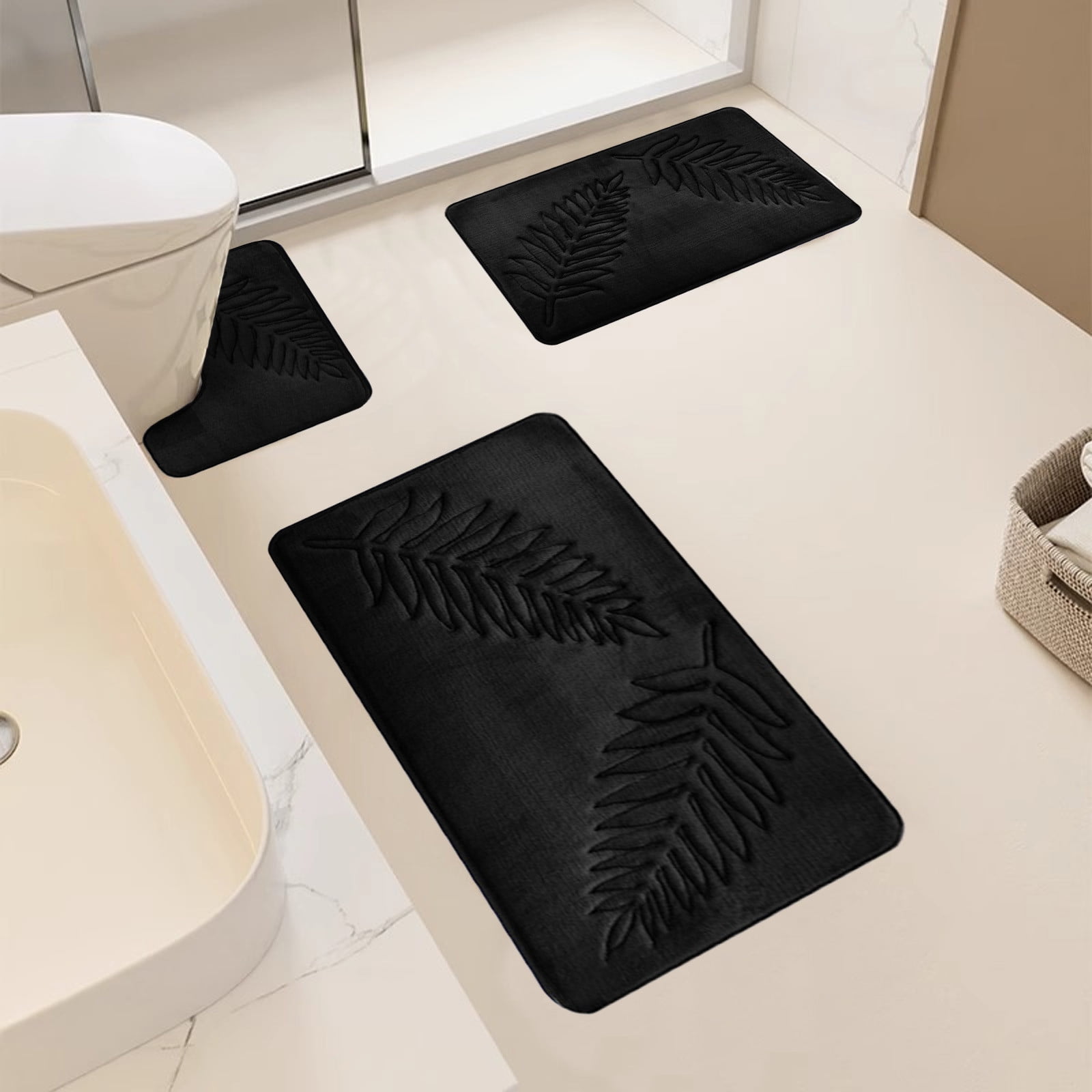 Summercome 3 Pcs Bathroom Rugs, Leaves Bath Mat Toilet Mats, Soft Comfortable Non-Slip Bathroom Rug Set, Bath Mats for Bathroom, Machine Washable Bath Mat Bathroom Rug Sets, 20x31.5in, Black 3pc Dark Gray - Image 7