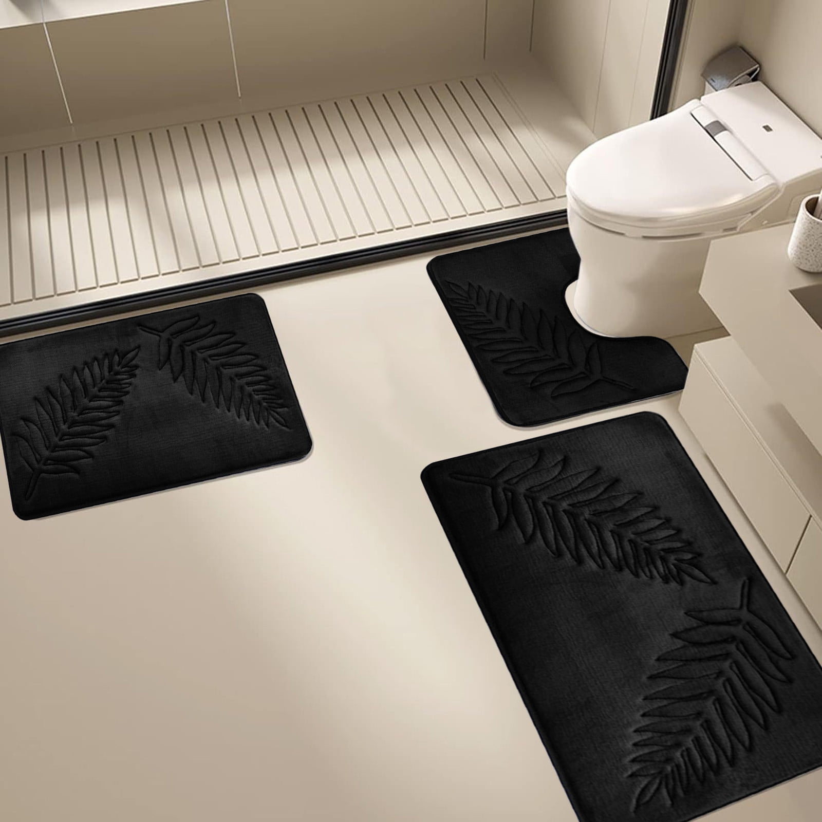Summercome 3 Pcs Bathroom Rugs, Leaves Bath Mat Toilet Mats, Soft Comfortable Non-Slip Bathroom Rug Set, Bath Mats for Bathroom, Machine Washable Bath Mat Bathroom Rug Sets, 20x31.5in, Black 3pc Green - Image 5