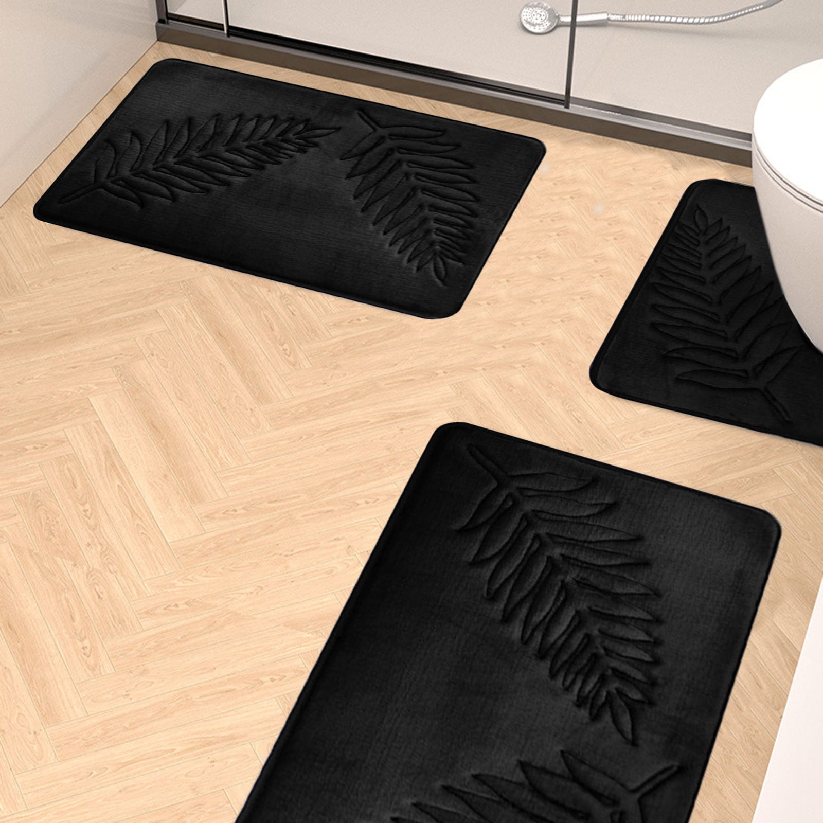 Summercome 3 Pcs Bathroom Rugs, Leaves Bath Mat Toilet Mats, Soft Comfortable Non-Slip Bathroom Rug Set, Bath Mats for Bathroom, Machine Washable Bath Mat Bathroom Rug Sets, 20x31.5in, Black 3pc Navy - Image 6