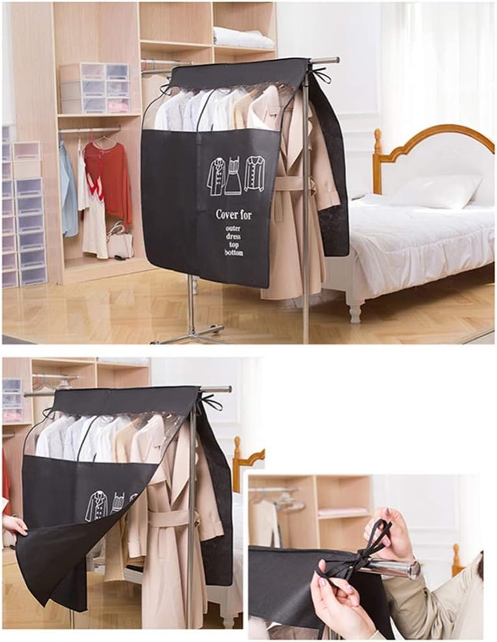 Tutuviw Black Clothing Rack Covers, Hanging Garment Bag Organizer Storage Cover Closet Storage Bottom Enclosed Garment Rack Cover Dustproof Protector - Image 7