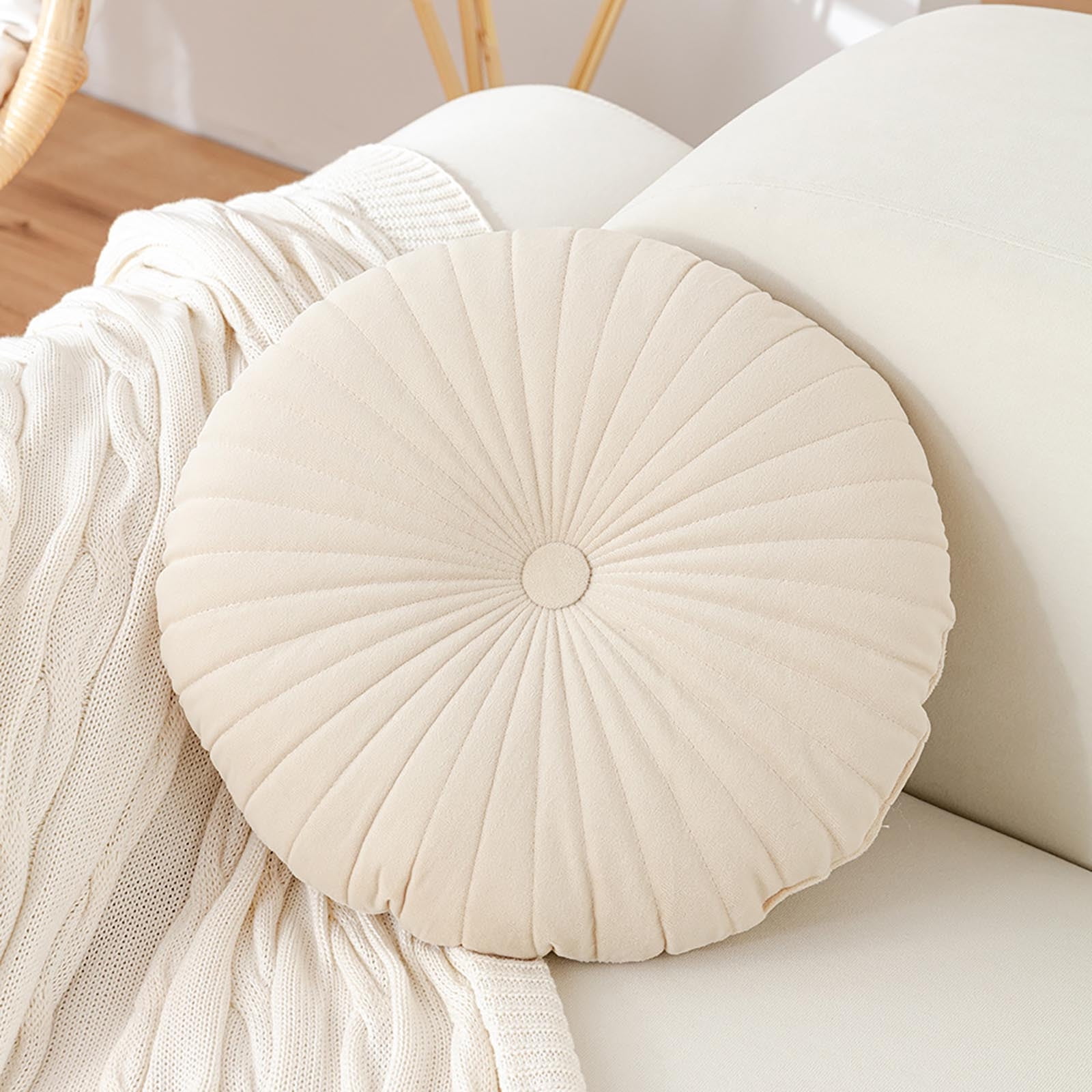 Darzheoy Round Throw Pillow 15.7 inch Decorative Round Velvet Floor Pillows Small Pumpkin Throw Pillow Cushion for Living Room Sofa Bed, Gray Beige - Image 2
