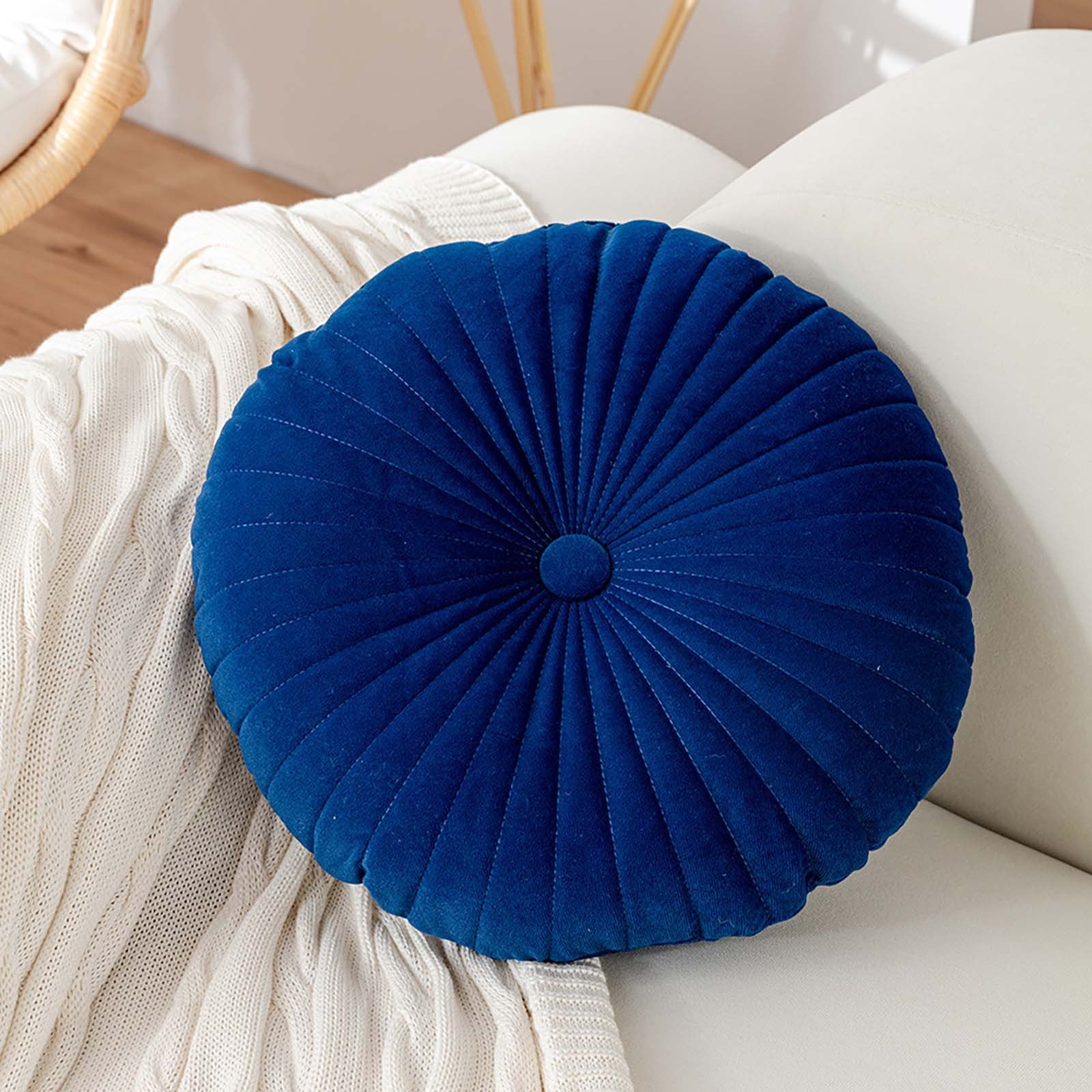 Darzheoy Round Throw Pillow 15.7 inch Decorative Round Velvet Floor Pillows Small Pumpkin Throw Pillow Cushion for Living Room Sofa Bed, Gray Blue - Image 2