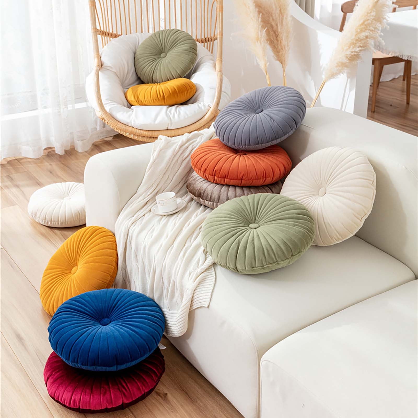 Darzheoy Round Throw Pillow 15.7 inch Decorative Round Velvet Floor Pillows Small Pumpkin Throw Pillow Cushion for Living Room Sofa Bed, Gray Blue - Image 5