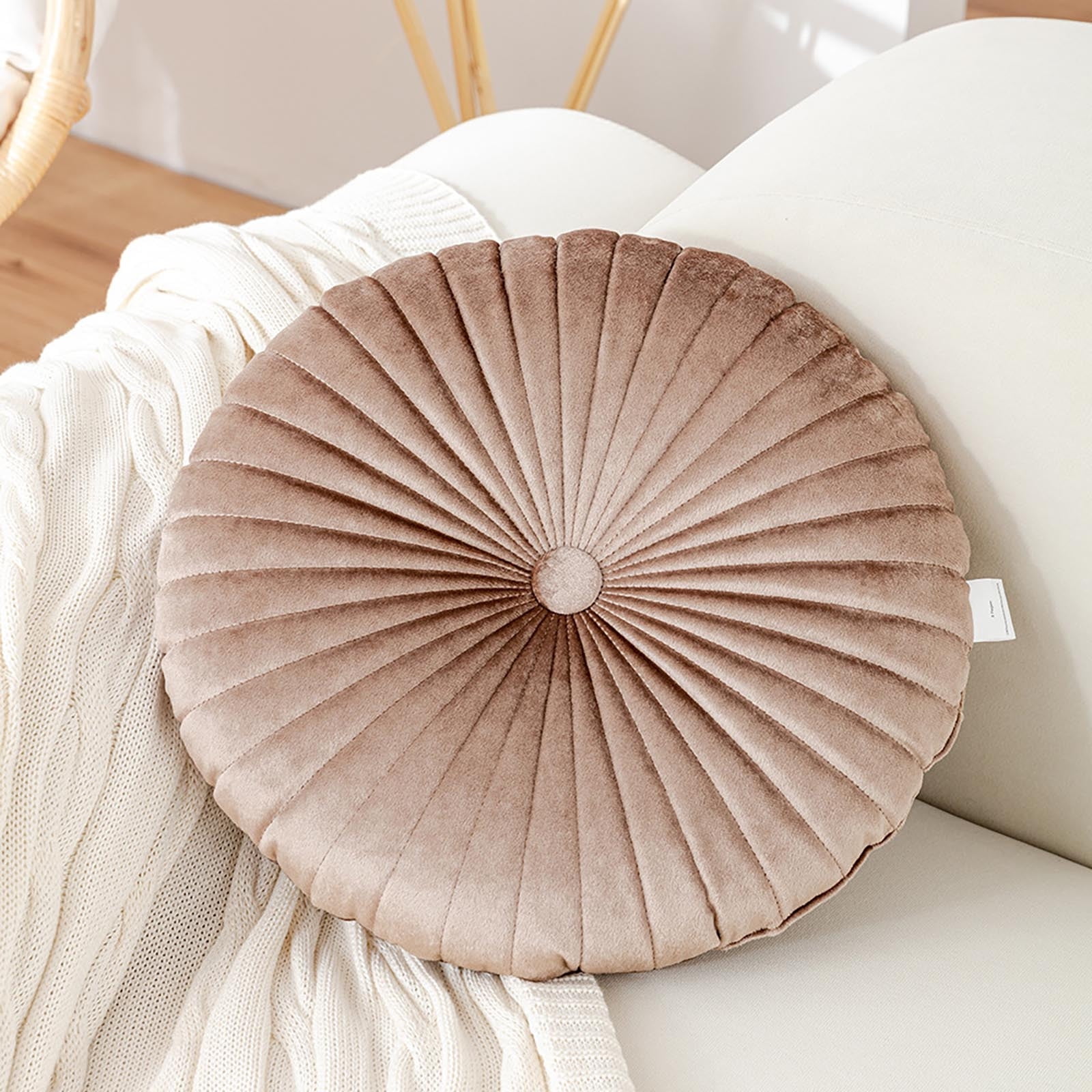 Darzheoy Round Throw Pillow 15.7 inch Decorative Round Velvet Floor Pillows Small Pumpkin Throw Pillow Cushion for Living Room Sofa Bed, Gray Coffee - Image 2