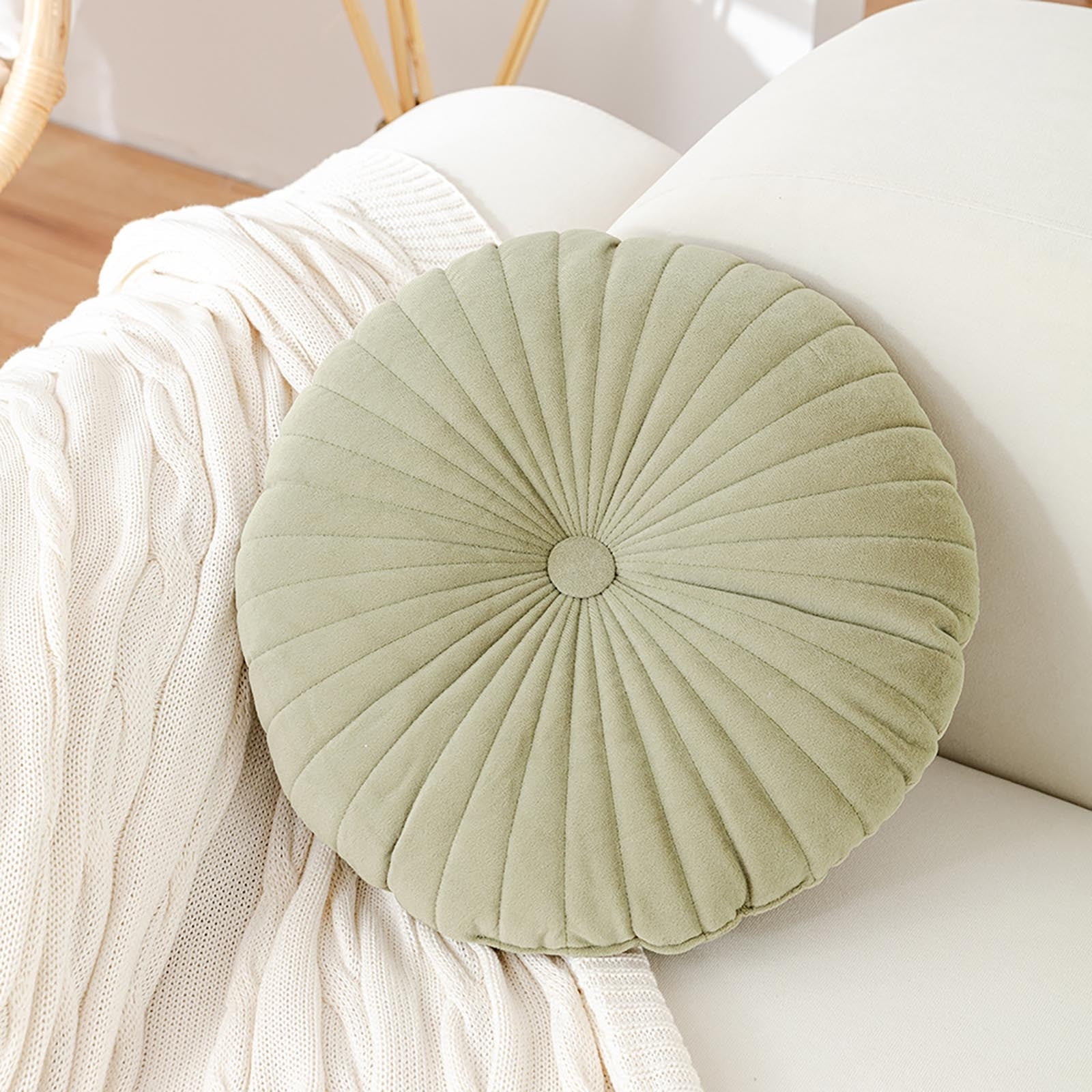 Darzheoy Round Throw Pillow 15.7 inch Decorative Round Velvet Floor Pillows Small Pumpkin Throw Pillow Cushion for Living Room Sofa Bed, Gray Green - Image 2