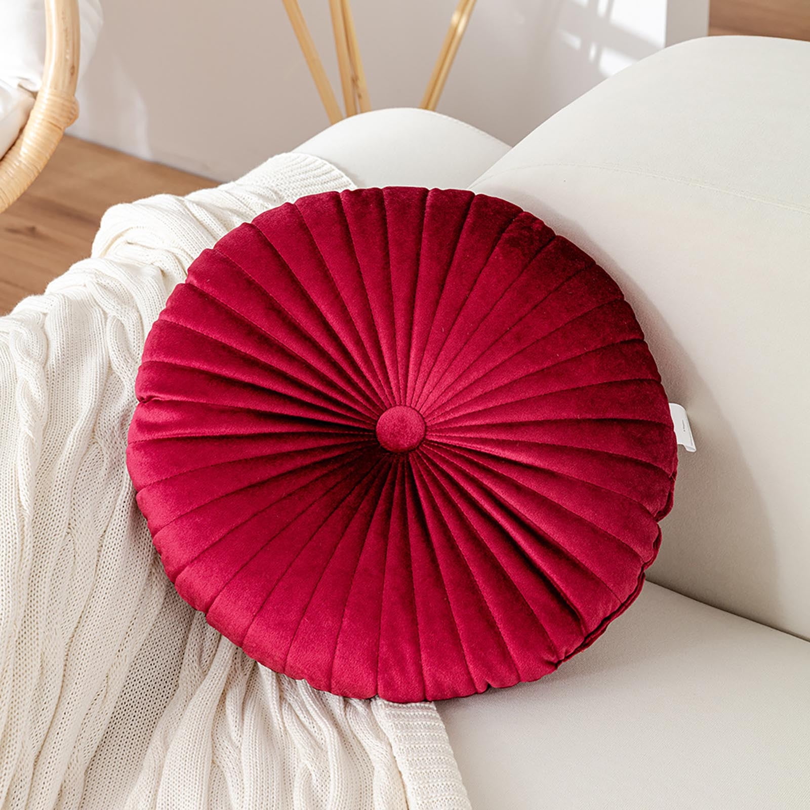 Darzheoy Round Throw Pillow 15.7 inch Decorative Round Velvet Floor Pillows Small Pumpkin Throw Pillow Cushion for Living Room Sofa Bed, Gray Red - Image 2
