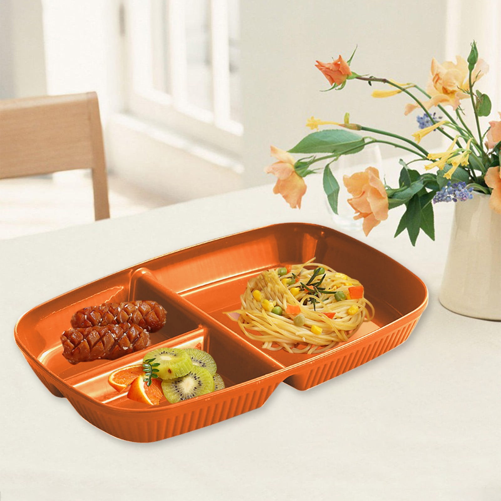 Kdkad Large 10 Inch Wheat Straw Divided Plates for Adults Picnic, 3 Compartment Plates, Unbreakable Portion Control Plate, Reusable Plastic Compartment Plates, Dinner Plates Dessert Plates 10.4×7.1 in Orange - Image 1