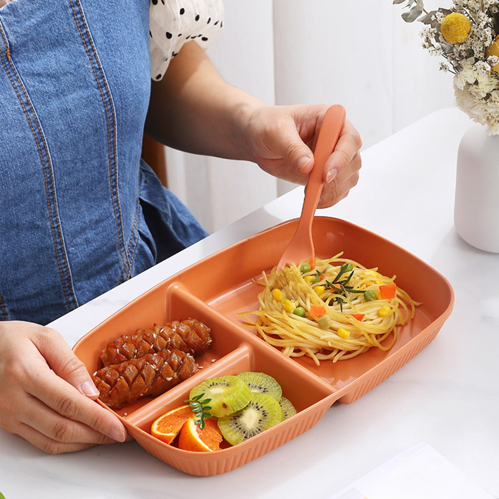 Kdkad Large 10 Inch Wheat Straw Divided Plates for Adults Picnic, 3 Compartment Plates, Unbreakable Portion Control Plate, Reusable Plastic Compartment Plates, Dinner Plates Dessert Plates 10.4×7.1 in Orange - Image 4