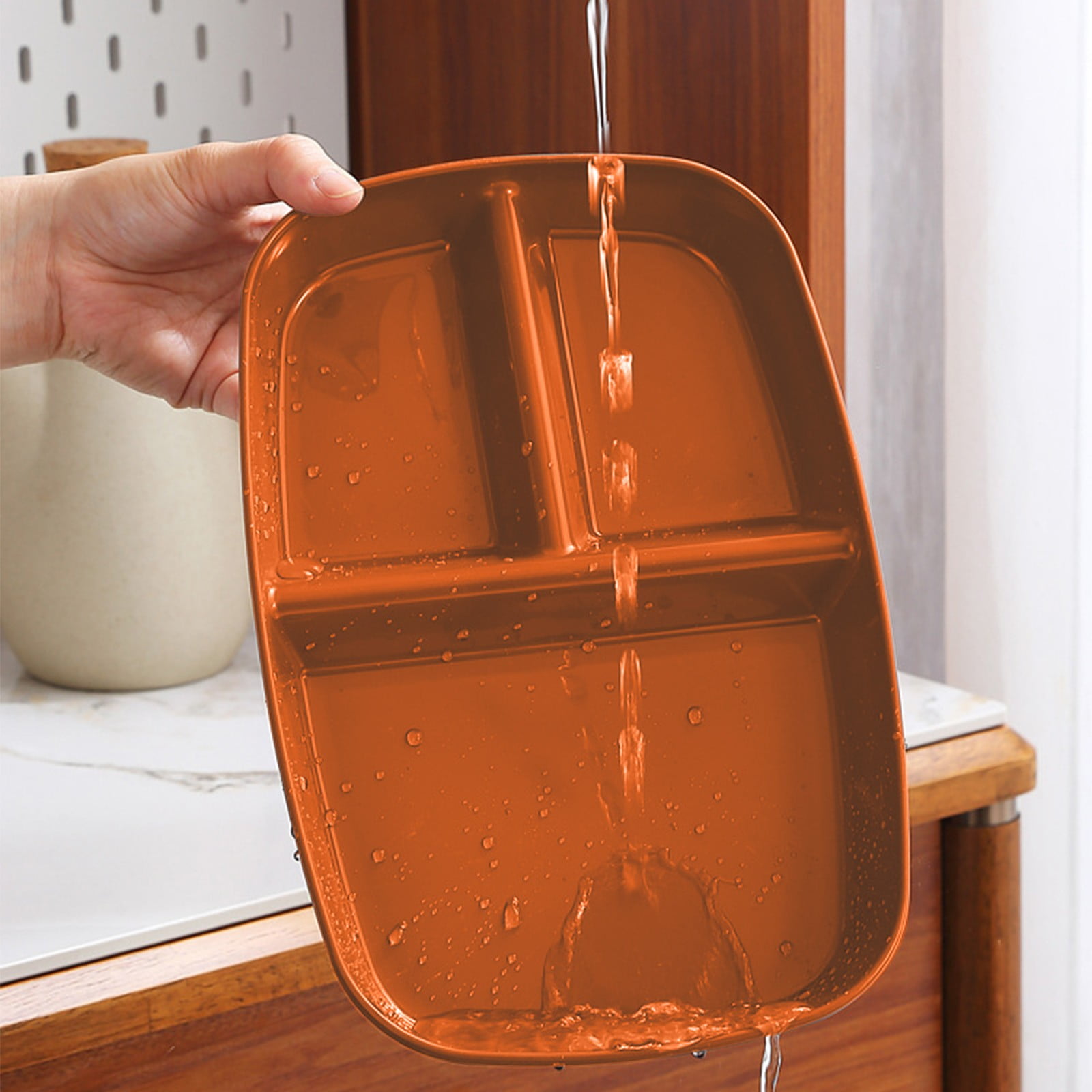 Kdkad Large 10 Inch Wheat Straw Divided Plates for Adults Picnic, 3 Compartment Plates, Unbreakable Portion Control Plate, Reusable Plastic Compartment Plates, Dinner Plates Dessert Plates 10.4×7.1 in Orange - Image 5