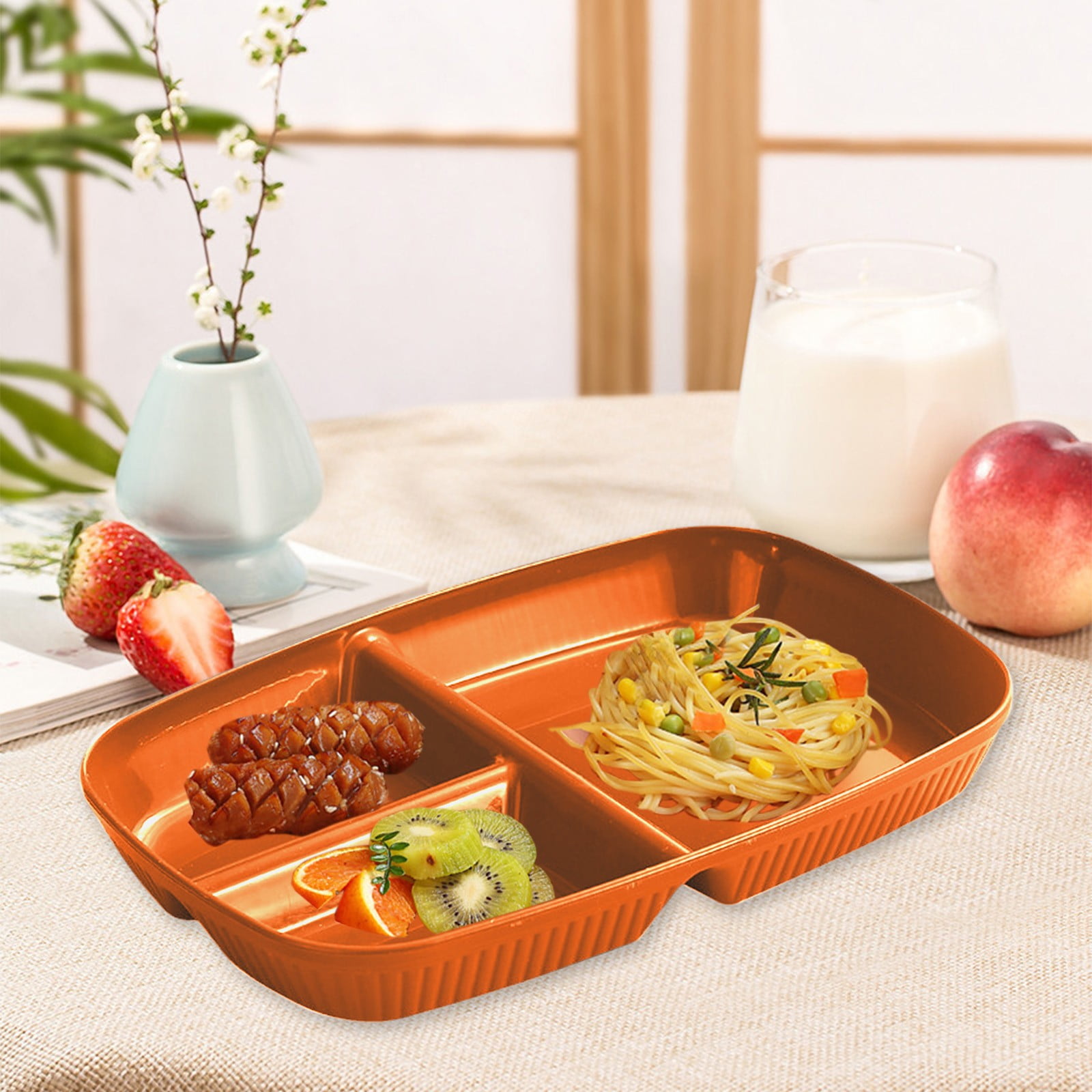 Kdkad Large 10 Inch Wheat Straw Divided Plates for Adults Picnic, 3 Compartment Plates, Unbreakable Portion Control Plate, Reusable Plastic Compartment Plates, Dinner Plates Dessert Plates 10.4×7.1 in Orange - Image 6