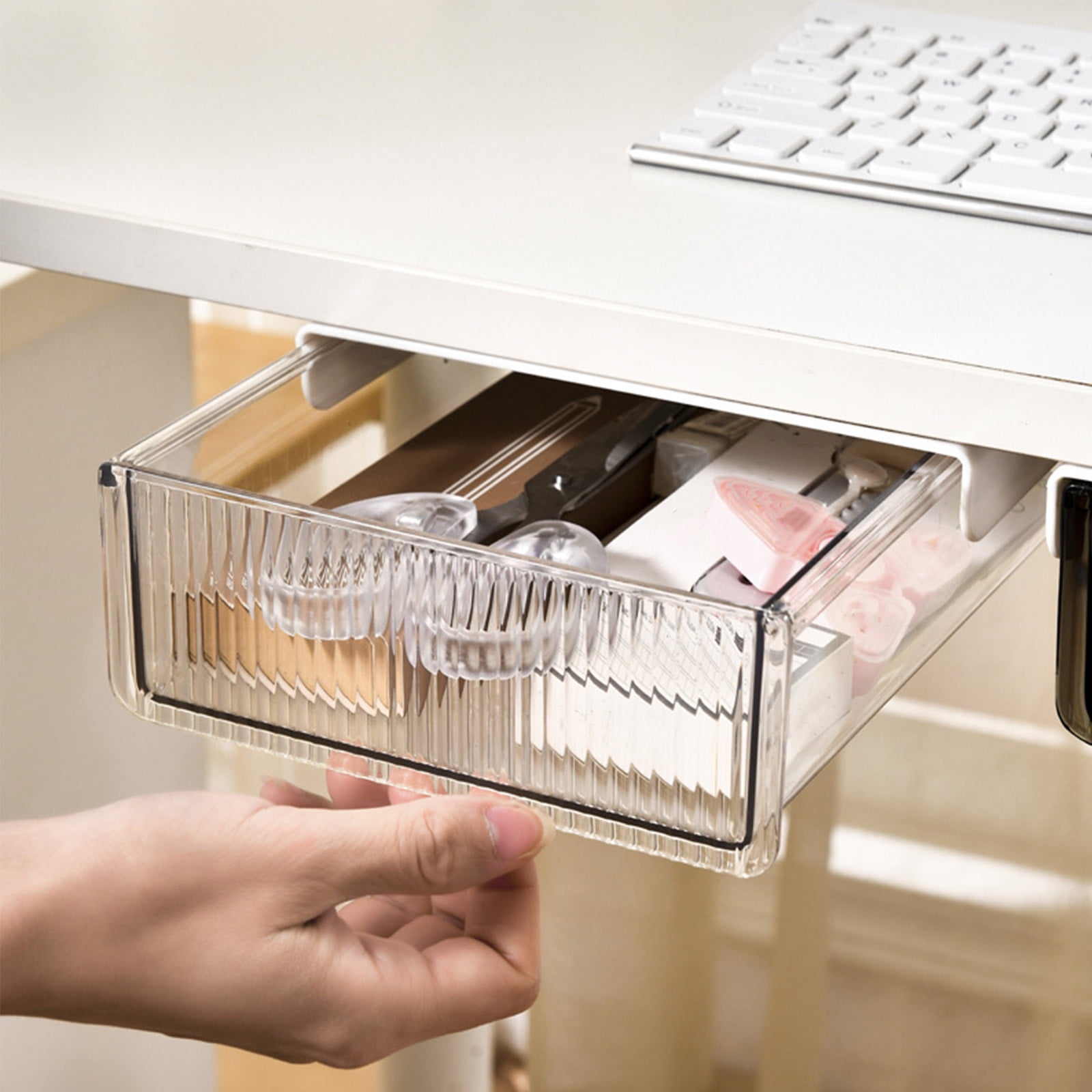 Kdkad Under Desk Drawer, Self-Adhesive Hidden Desktop Organizer, Attachable Desk Drawer Slide Out, Table Storage Tray for Pencil Pen Stationery Home Office Organization, Large 8.3×6.7×2.4 in Black - Image 1