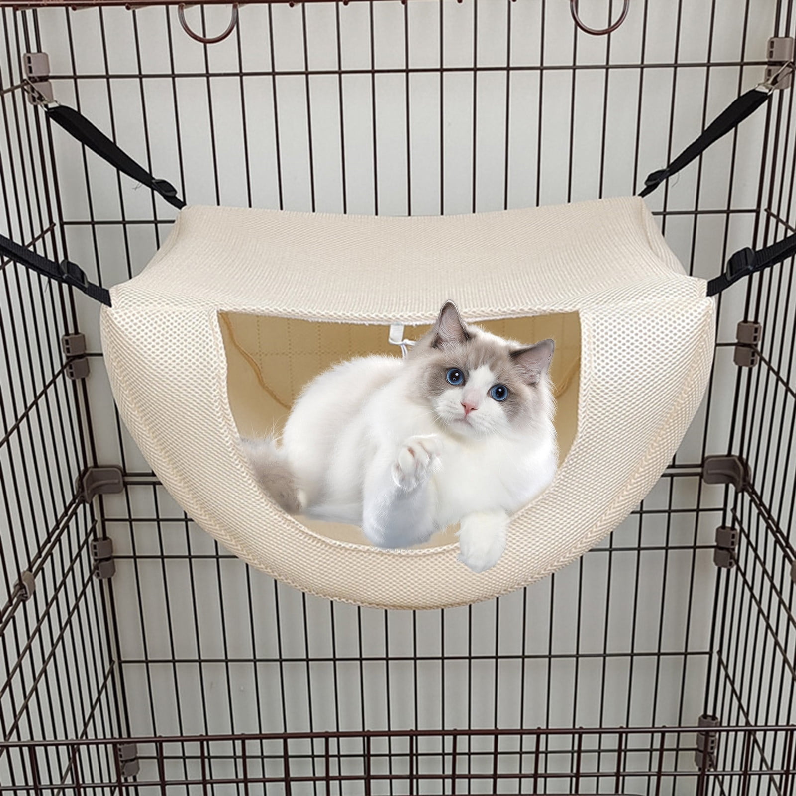 Darzheoy Cat Cage Hammock, Hanging Soft Pet Bed, Summer Breathable Pet Cage Hammock with Adjustable Straps, for Indoor Kitten Puppy Rabbit or Small Pet Beige - Image 2