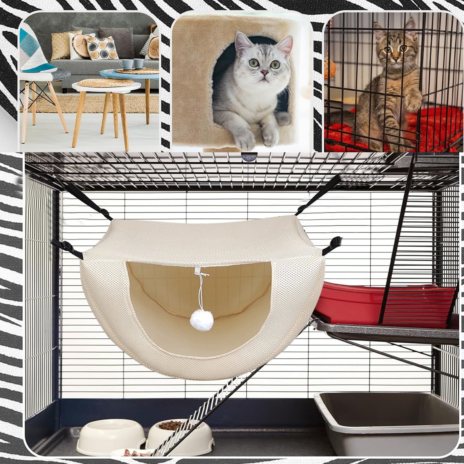 Darzheoy Cat Cage Hammock, Hanging Soft Pet Bed, Summer Breathable Pet Cage Hammock with Adjustable Straps, for Indoor Kitten Puppy Rabbit or Small Pet Beige - Image 5