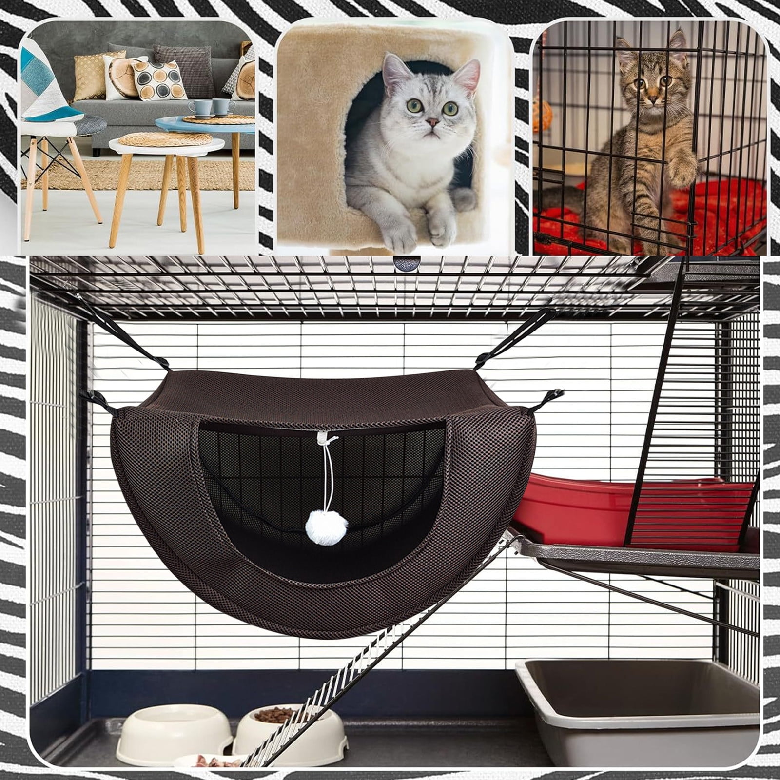 Darzheoy Cat Cage Hammock, Hanging Soft Pet Bed, Summer Breathable Pet Cage Hammock with Adjustable Straps, for Indoor Kitten Puppy Rabbit or Small Pet Coffee - Image 5