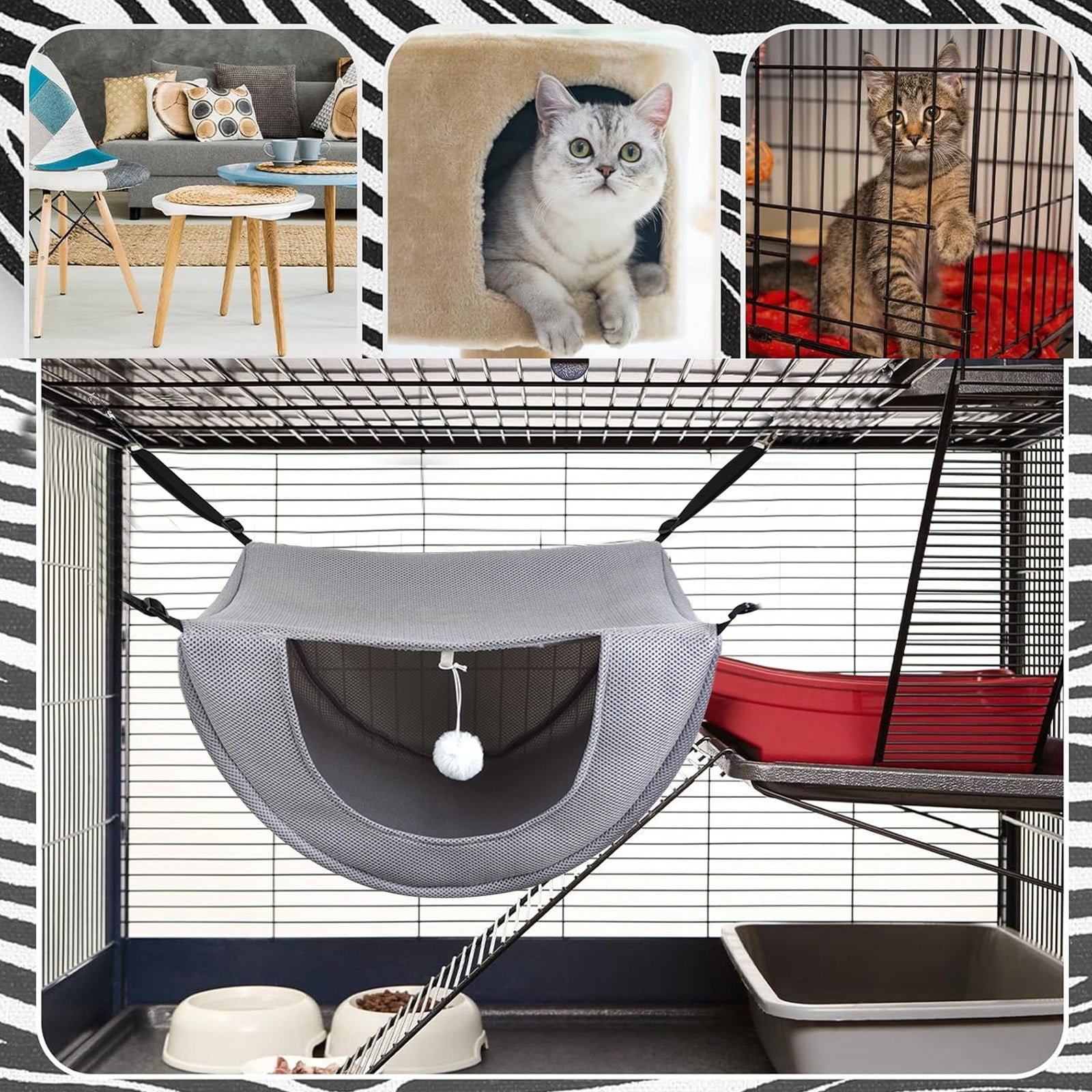 Darzheoy Cat Cage Hammock, Hanging Soft Pet Bed, Summer Breathable Pet Cage Hammock with Adjustable Straps, for Indoor Kitten Puppy Rabbit or Small Pet Gray - Image 5