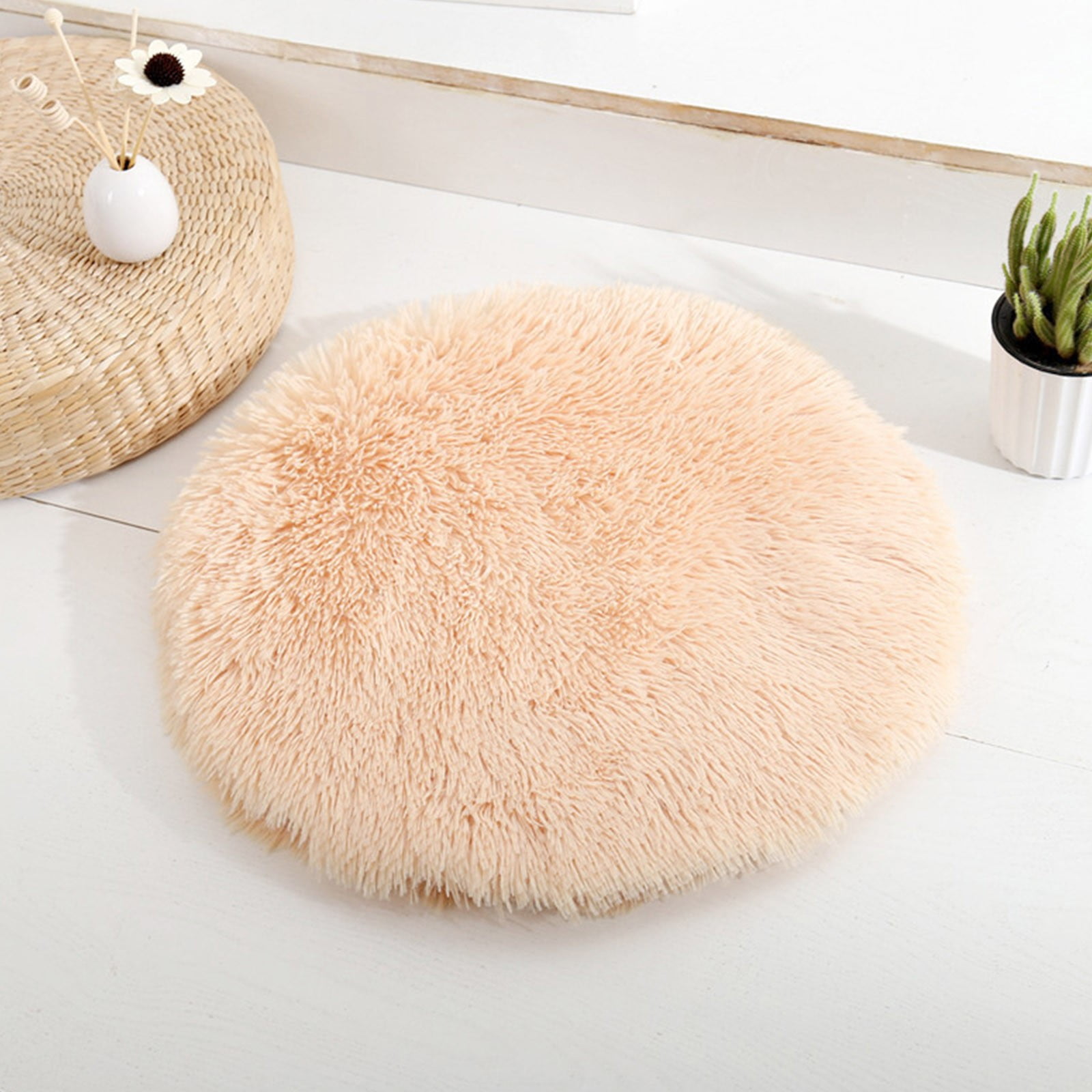 Darzheoy 16 inch Plush Dog Bed Mat Warm Fluffy Round Puppy Crate Pad with Anti-Slip Waterproof Bottom Soft Comfy Pet Kennel Mat for Small and Medium Dogs Beige - Image 2