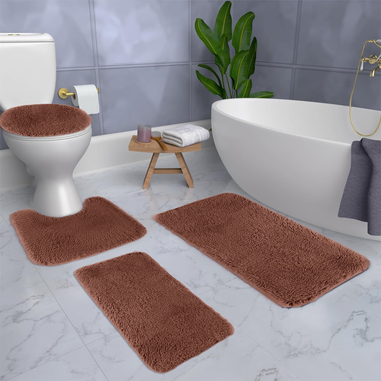 Chmadoxn Solid Color Bathroom Rugs Sets, 3 Piece Ultra Soft Non-Slip Bath Rugs and Mats Set, Super Absorbent Soft Washable Bathroom Carpets, Plush Bathroom Mats, Toilet Rug Set of 4 Brown - Image 5