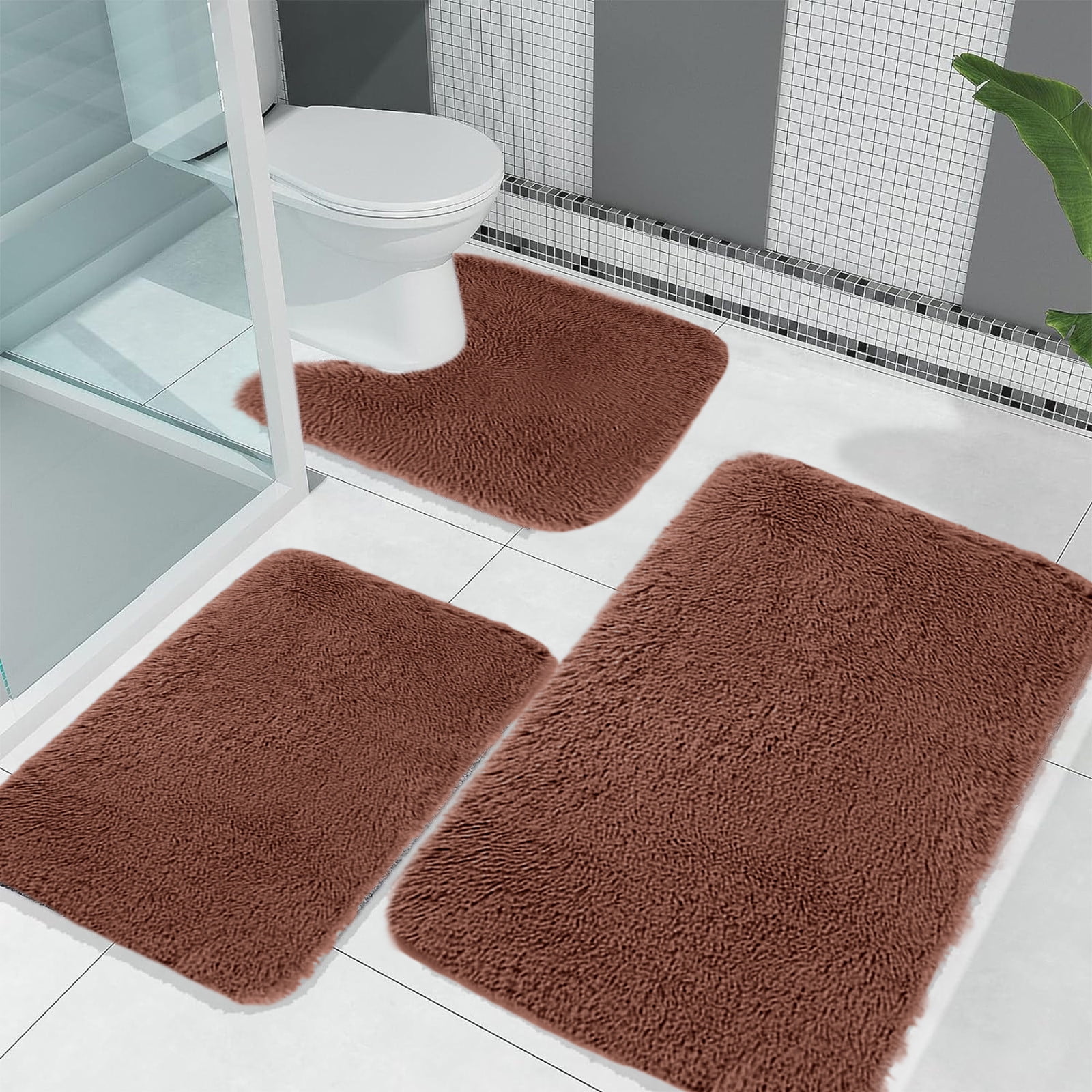 Chmadoxn Solid Color Bathroom Rugs Sets, 3 Piece Ultra Soft Non-Slip Bath Rugs and Mats Set, Super Absorbent Soft Washable Bathroom Carpets, Plush Bathroom Mats, Toilet Rug Set of 3 Brown 1 - Image 4