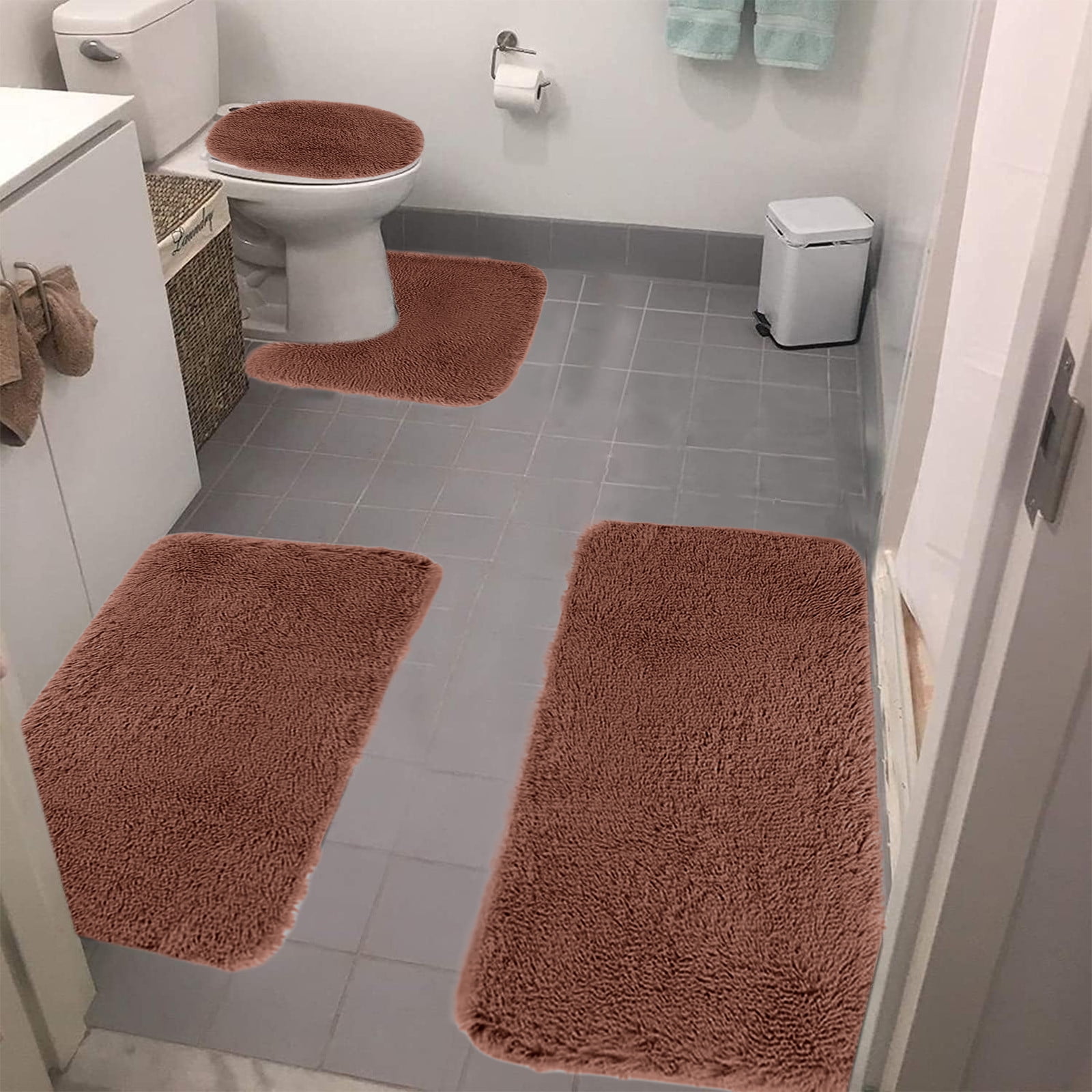 Chmadoxn Solid Color Bathroom Rugs Sets, 3 Piece Ultra Soft Non-Slip Bath Rugs and Mats Set, Super Absorbent Soft Washable Bathroom Carpets, Plush Bathroom Mats, Toilet Rug Set of 4 Gray - Image 1