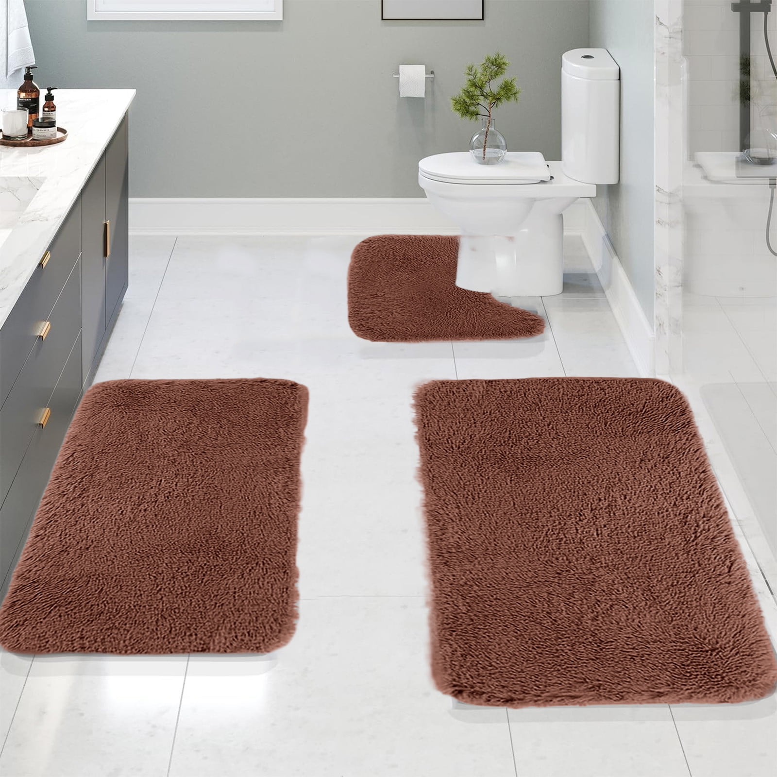 Chmadoxn Solid Color Bathroom Rugs Sets, 3 Piece Ultra Soft Non-Slip Bath Rugs and Mats Set, Super Absorbent Soft Washable Bathroom Carpets, Plush Bathroom Mats, Toilet Rug Set of 3 White 1 - Image 1