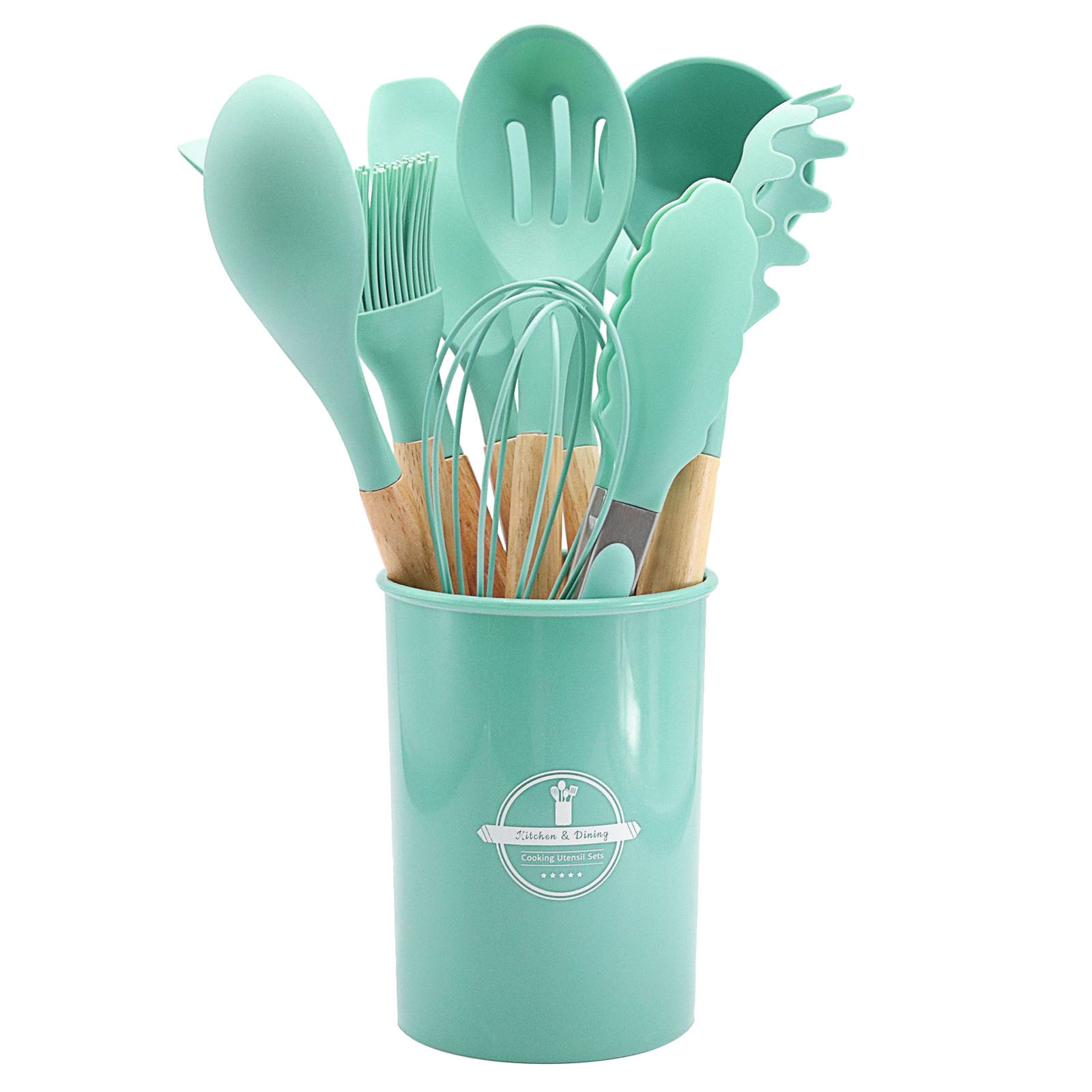 Chmadoxn 12 Pcs Silicone Cooking Kitchen Utensils Set with Holder, Wooden Handles Cooking Tool, Turner Pliers Spatula Spoon Kitchen Gadget Suit for Non-Stick Cookware, Women's Gifts 13×4 in Red - Image 1