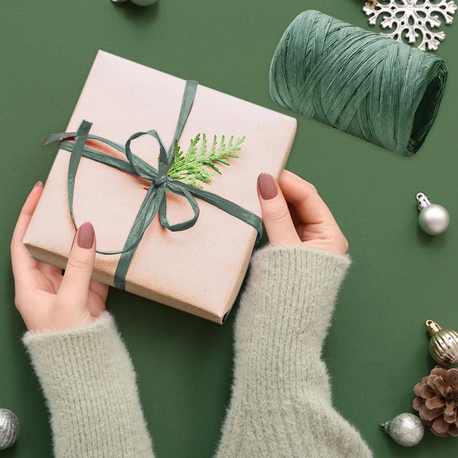Darzheoy Raffia Ribbon, Christmas Gift Wrapping Raffia Paper String Ribbon Packing Paper Twine for Craft DIY Supply Christmas, 328ft Green - Image 2