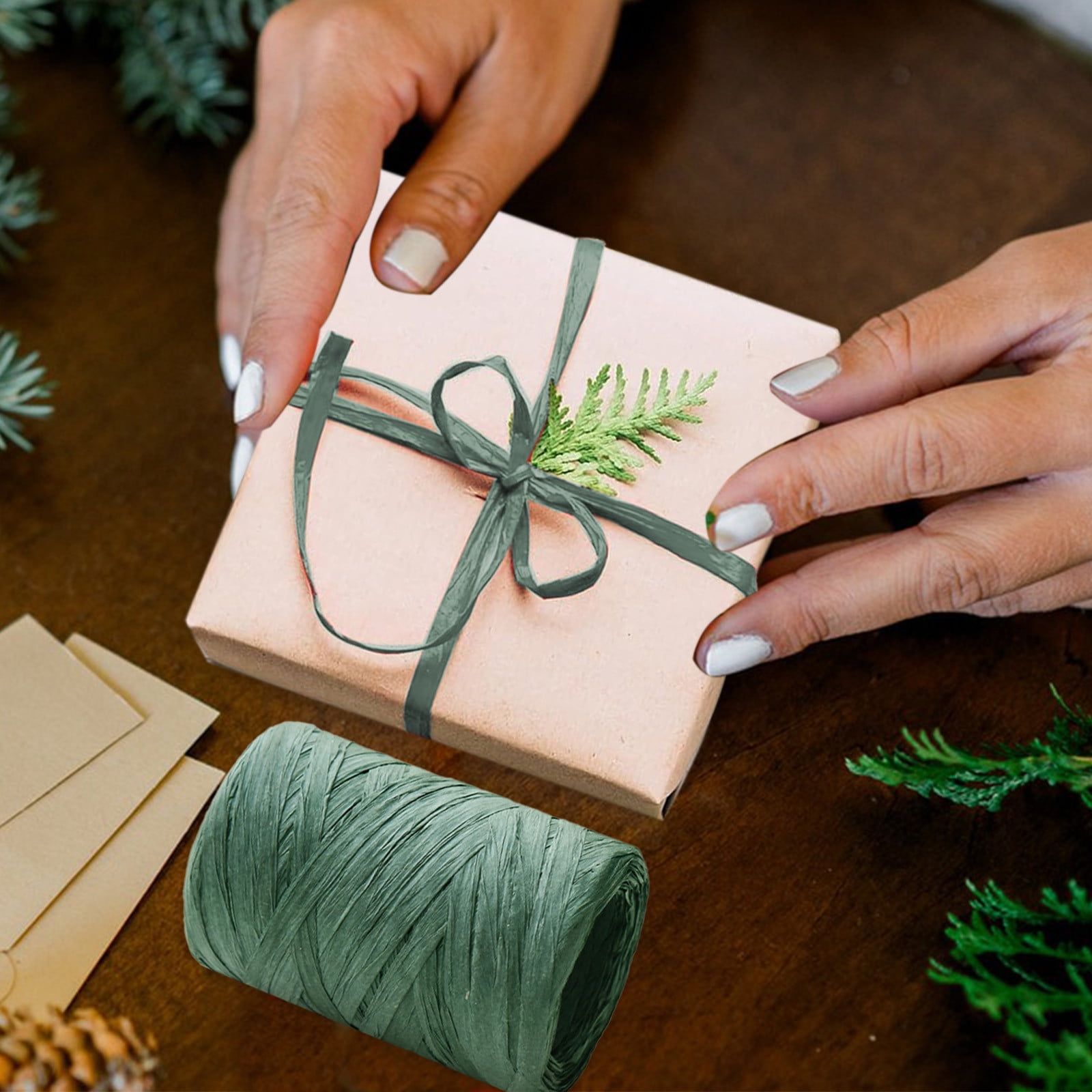 Darzheoy Raffia Ribbon, Christmas Gift Wrapping Raffia Paper String Ribbon Packing Paper Twine for Craft DIY Supply Christmas, 328ft Green - Image 6
