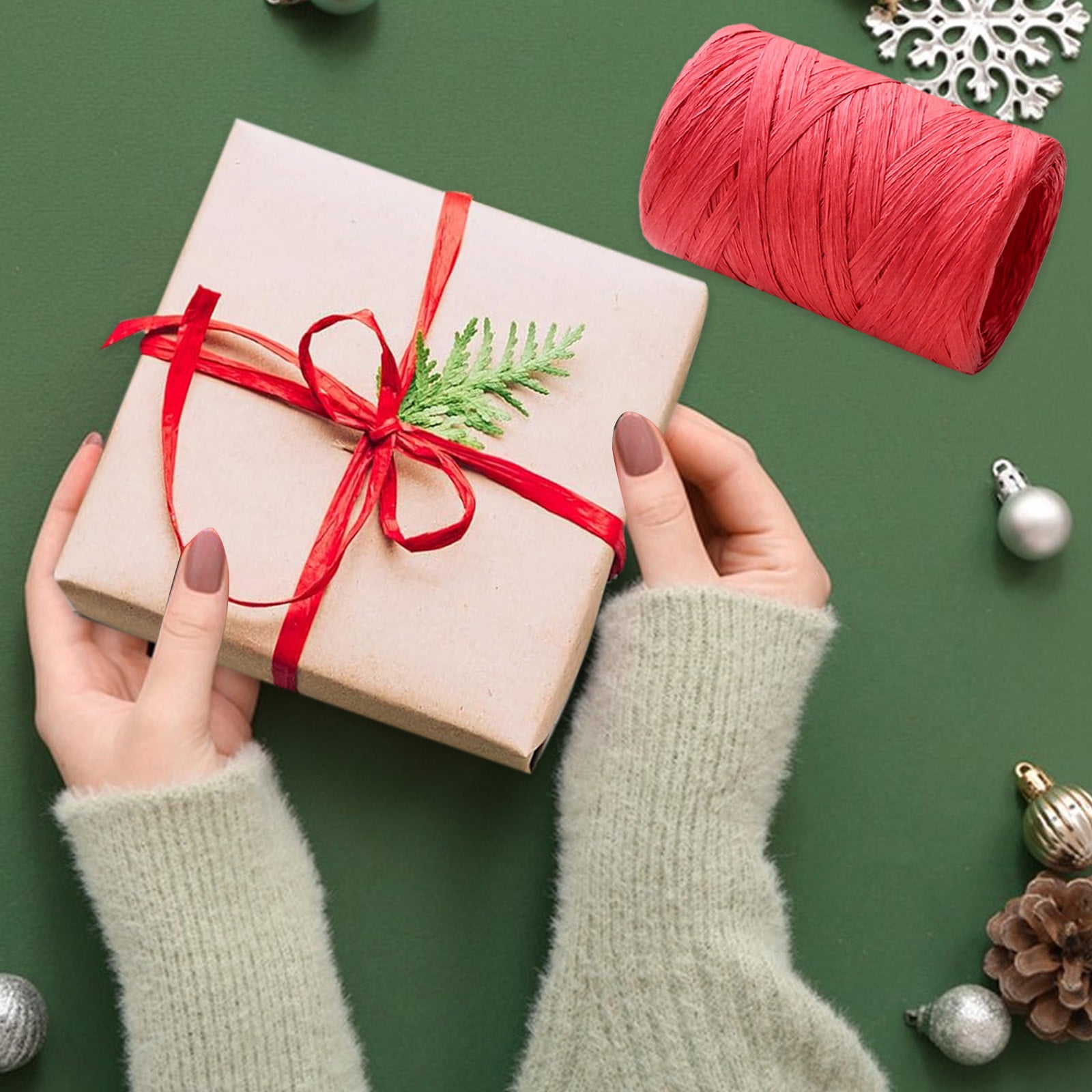 Darzheoy Raffia Ribbon, Christmas Gift Wrapping Raffia Paper String Ribbon Packing Paper Twine for Craft DIY Supply Christmas, 328ft Red - Image 2