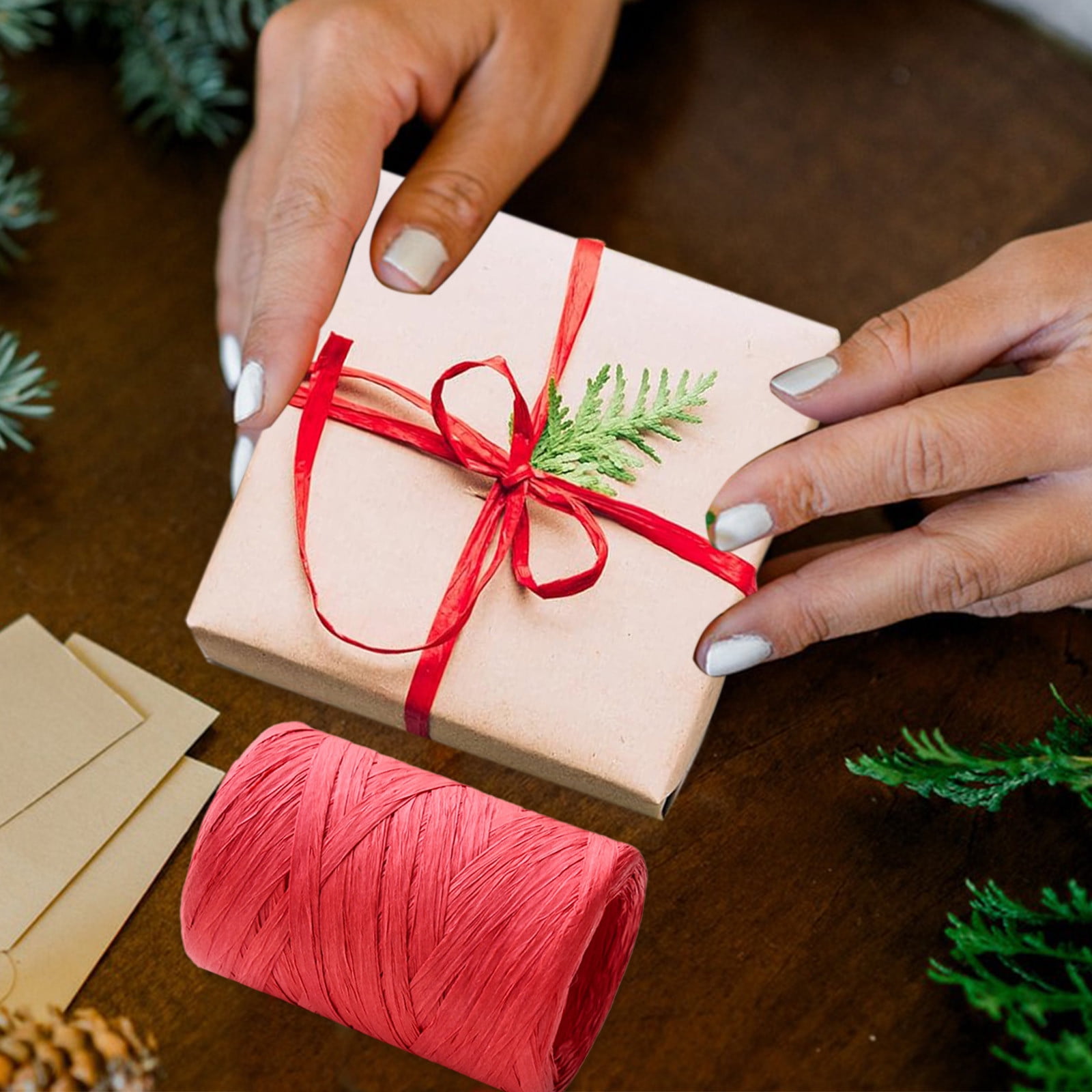Darzheoy Raffia Ribbon, Christmas Gift Wrapping Raffia Paper String Ribbon Packing Paper Twine for Craft DIY Supply Christmas, 328ft Red - Image 6