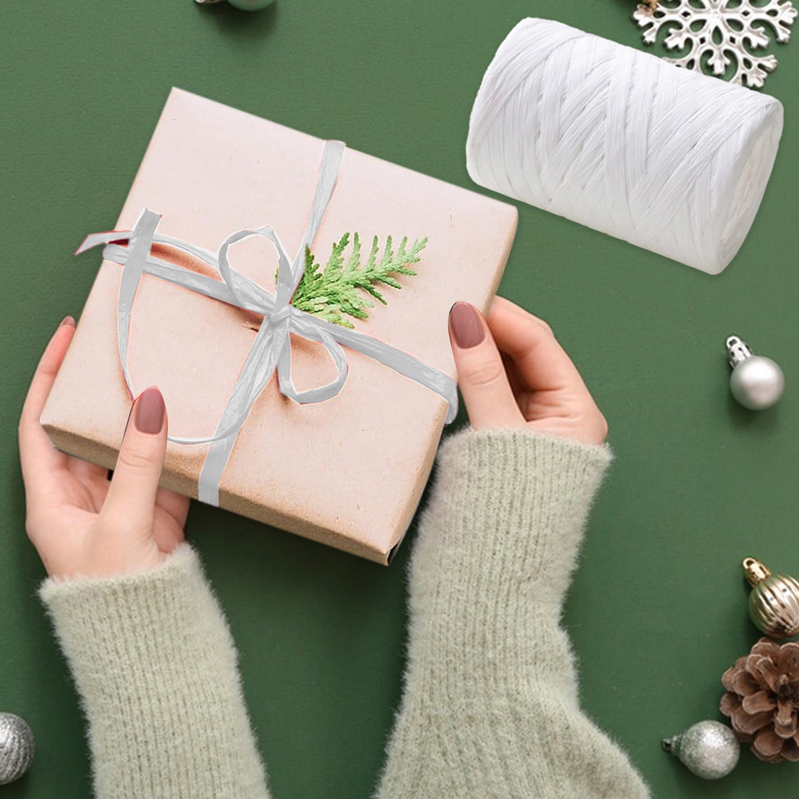 Darzheoy Raffia Ribbon, Christmas Gift Wrapping Raffia Paper String Ribbon Packing Paper Twine for Craft DIY Supply Christmas, 328ft White - Image 2