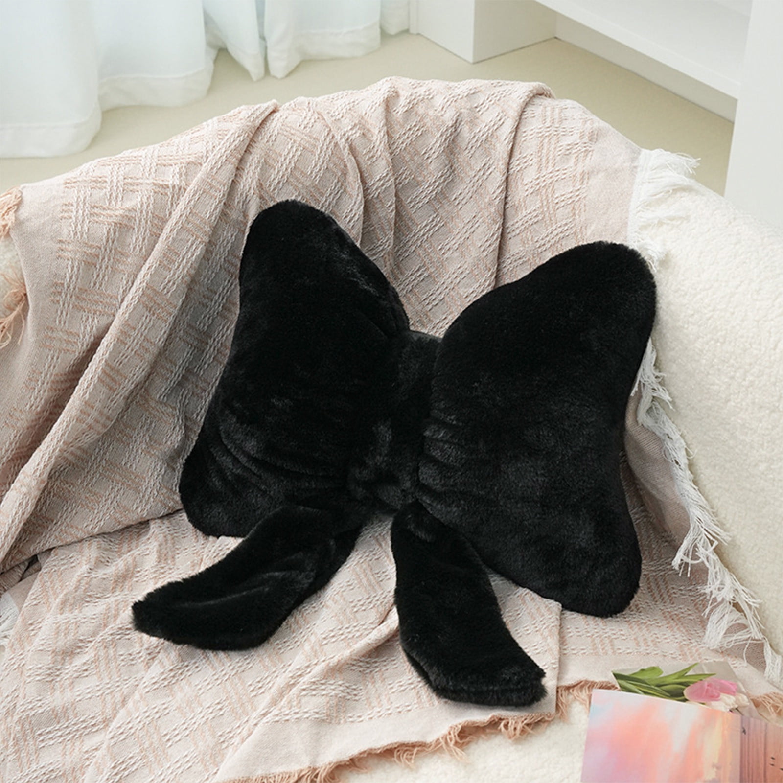 Darzheoy Bow Shaped Throw Pillow Soft Stuffed Bow Christmas Decorations Soft Furry Bow Throw Pillows Cute Bowknot Plush Pillow Home Decor for Couch Living Room Bed Black - Image 3