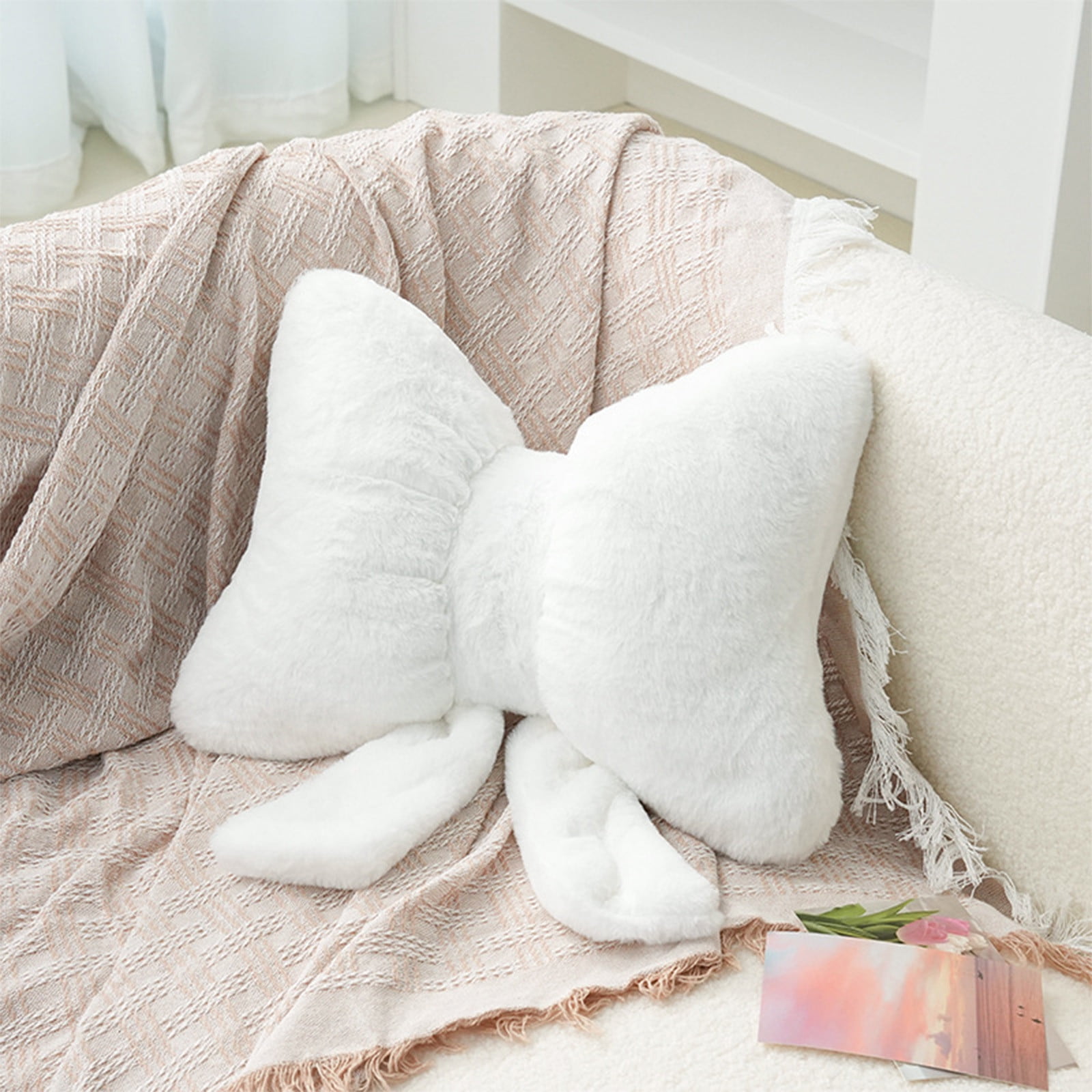 Darzheoy Bow Shaped Throw Pillow Soft Stuffed Bow Christmas Decorations Soft Furry Bow Throw Pillows Cute Bowknot Plush Pillow Home Decor for Couch Living Room Bed White - Image 3