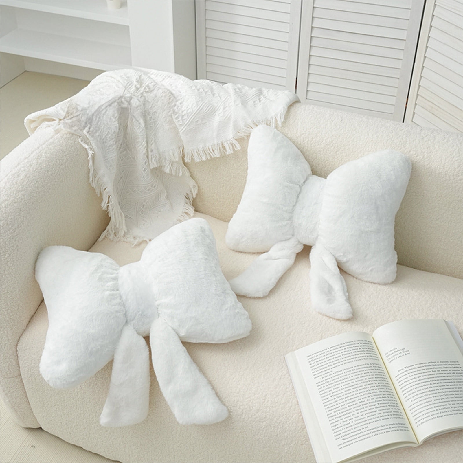 Darzheoy Bow Shaped Throw Pillow Soft Stuffed Bow Christmas Decorations Soft Furry Bow Throw Pillows Cute Bowknot Plush Pillow Home Decor for Couch Living Room Bed White - Image 4