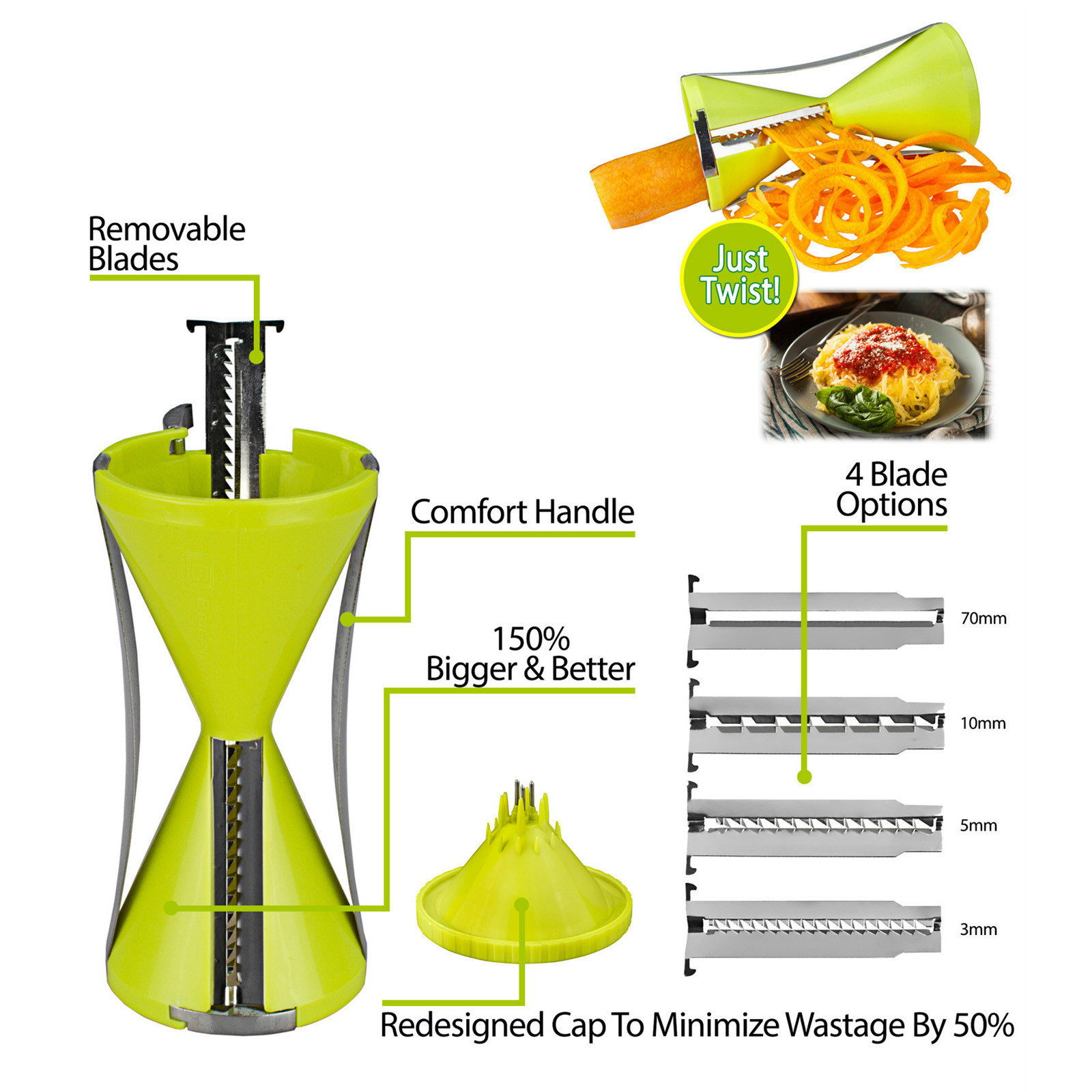Darzheoy Spiralizer, Stainless Steel Vegetable Cutter for Large or Small Veggie Spaghetti Zucchini Carrot Pasta Noodle Maker Green - Image 6