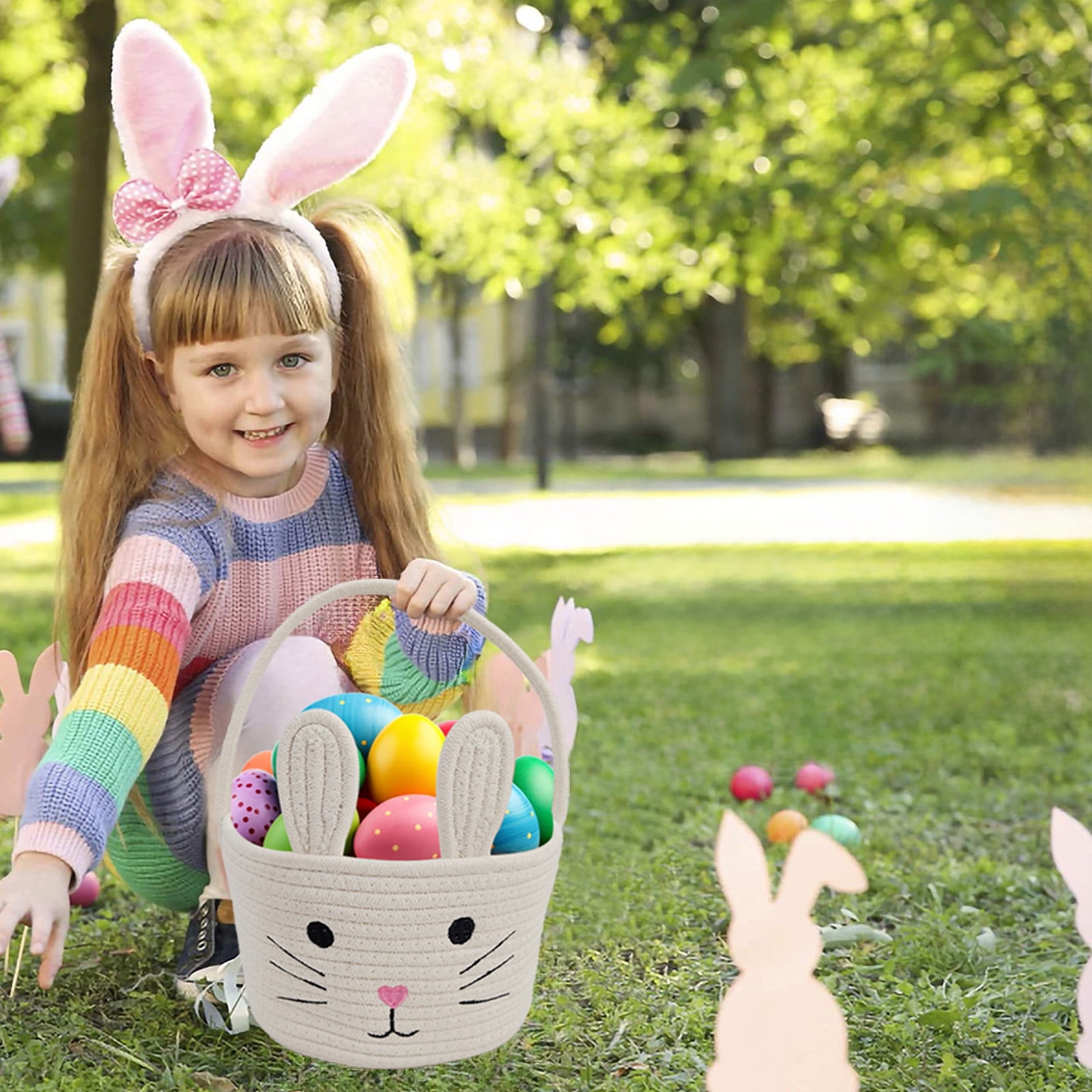 Darzheoy Easter Basket for Boys Girls Easter Bunny Basket with Rabbit Ears, Easter Egg Hunting Basket Easter Baskets for Kids Babies First Easter Gifts A - Image 5