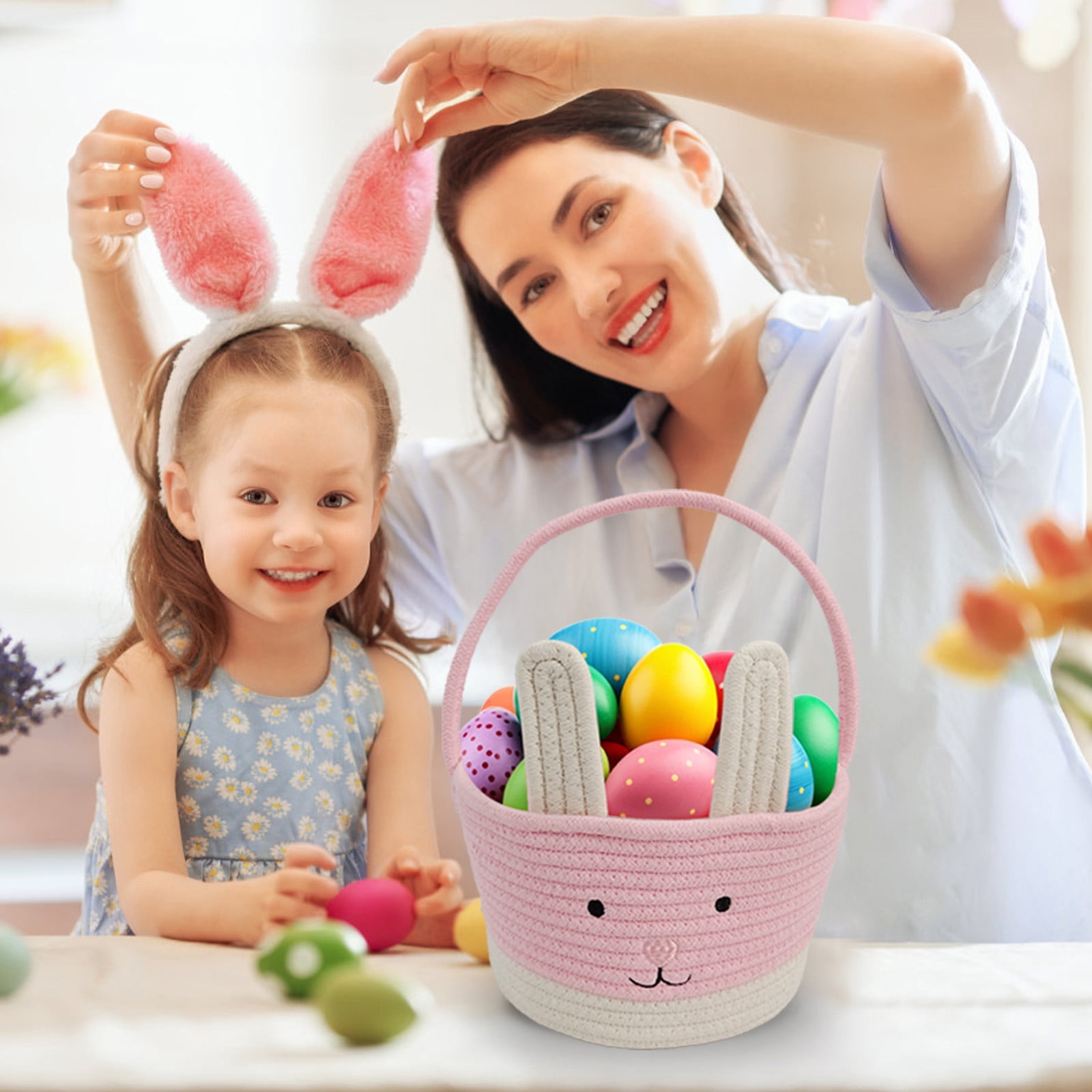 Darzheoy Easter Basket for Boys Girls Easter Bunny Basket with Rabbit Ears, Easter Egg Hunting Basket Easter Baskets for Kids Babies First Easter Gifts B - Image 3