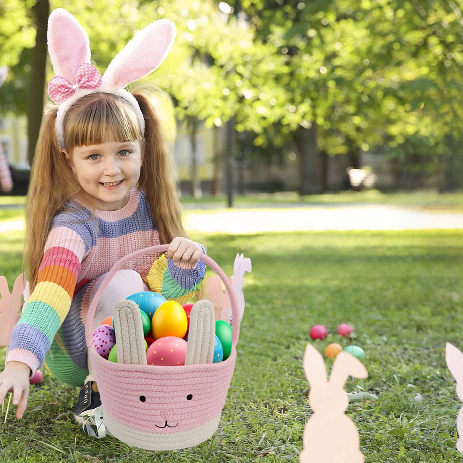 Darzheoy Easter Basket for Boys Girls Easter Bunny Basket with Rabbit Ears, Easter Egg Hunting Basket Easter Baskets for Kids Babies First Easter Gifts B - Image 5