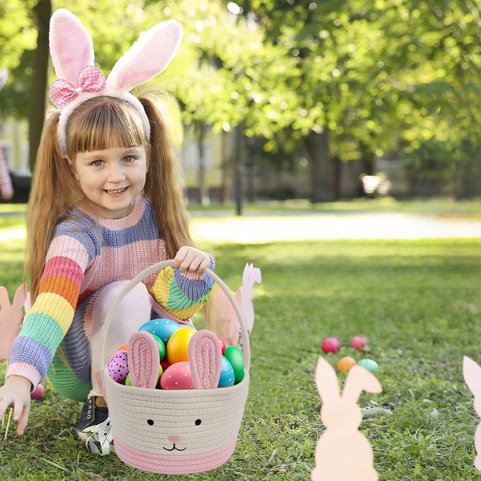 Darzheoy Easter Basket for Boys Girls Easter Bunny Basket with Rabbit Ears, Easter Egg Hunting Basket Easter Baskets for Kids Babies First Easter Gifts C - Image 3
